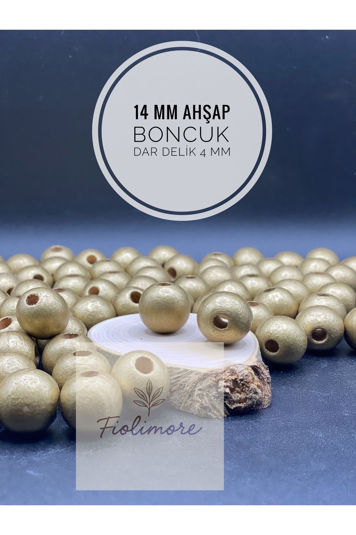 Fiolimore 14 mm Altın Sarı Ahşap Boncuk (50 Gram 50 Adet) Delik Çapı 4 mm Yuvarlak Dar Delik Renkli Tahta