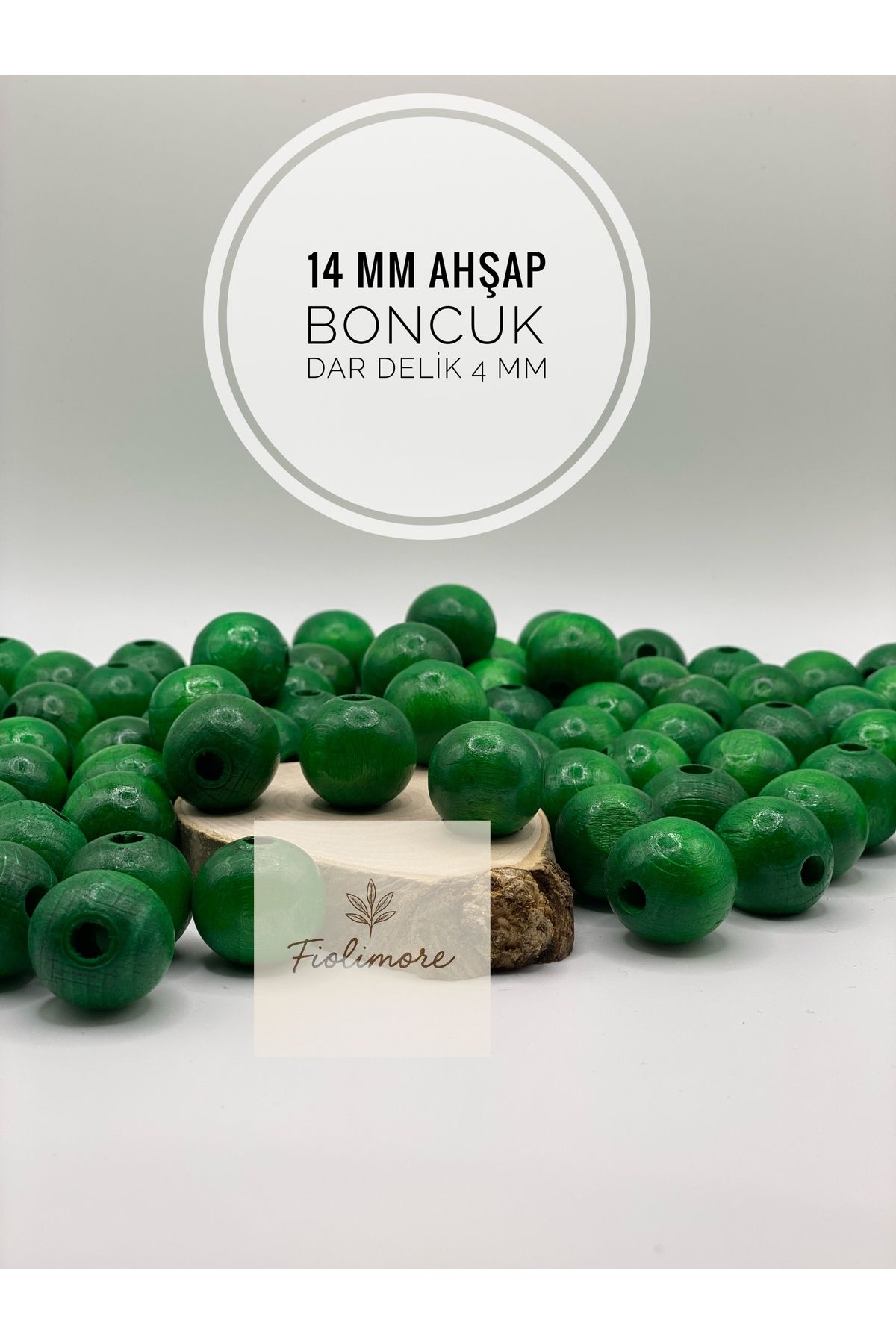 Fiolimore 14 mm Yeşil Ahşap Boncuk (50 Gram 50 Adet) Delik Çapı 4 mm Yuvarlak Dar Delik Renkli Tahta