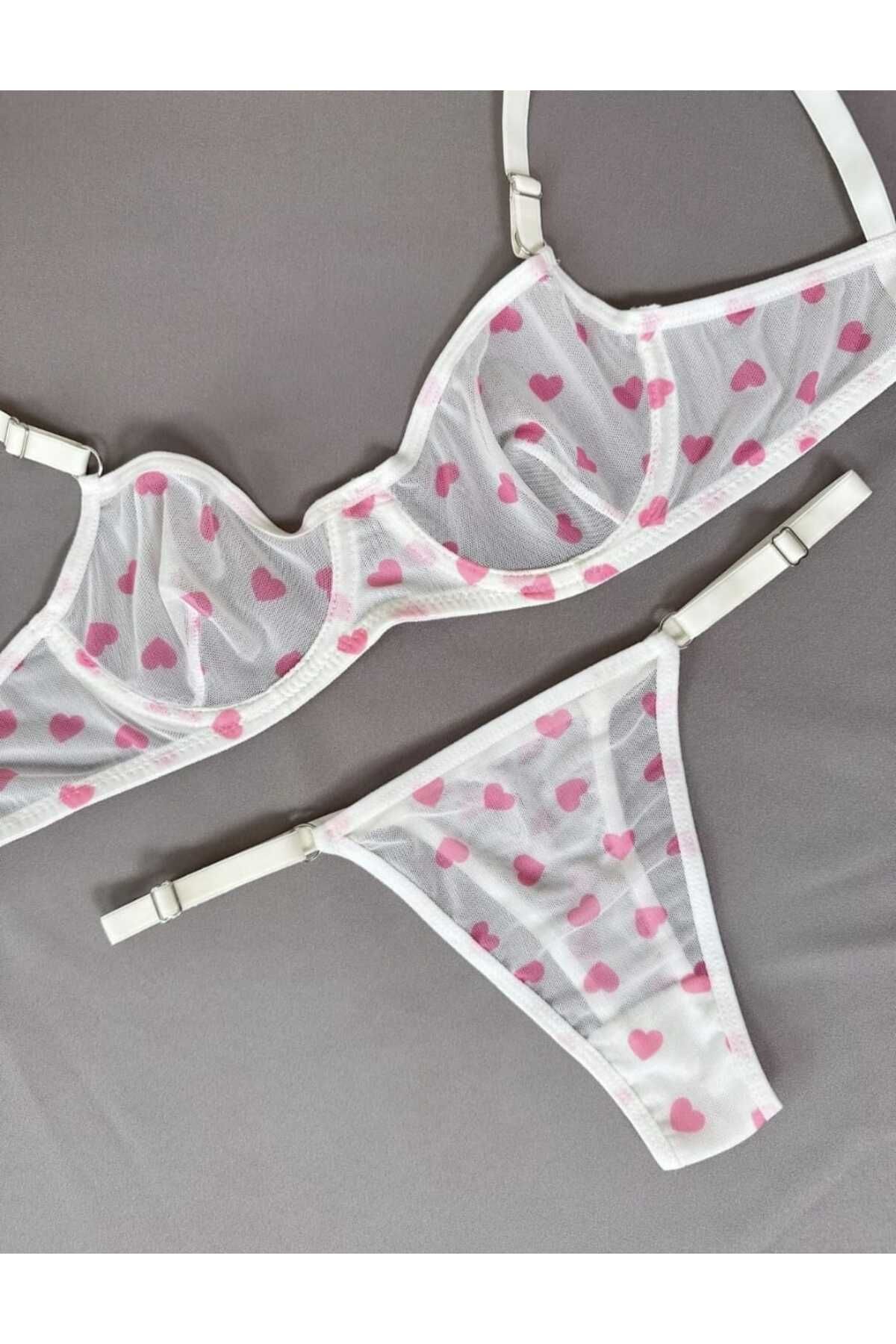 ROZELİN Tül Sütyen Takımı Baskılı Pembe