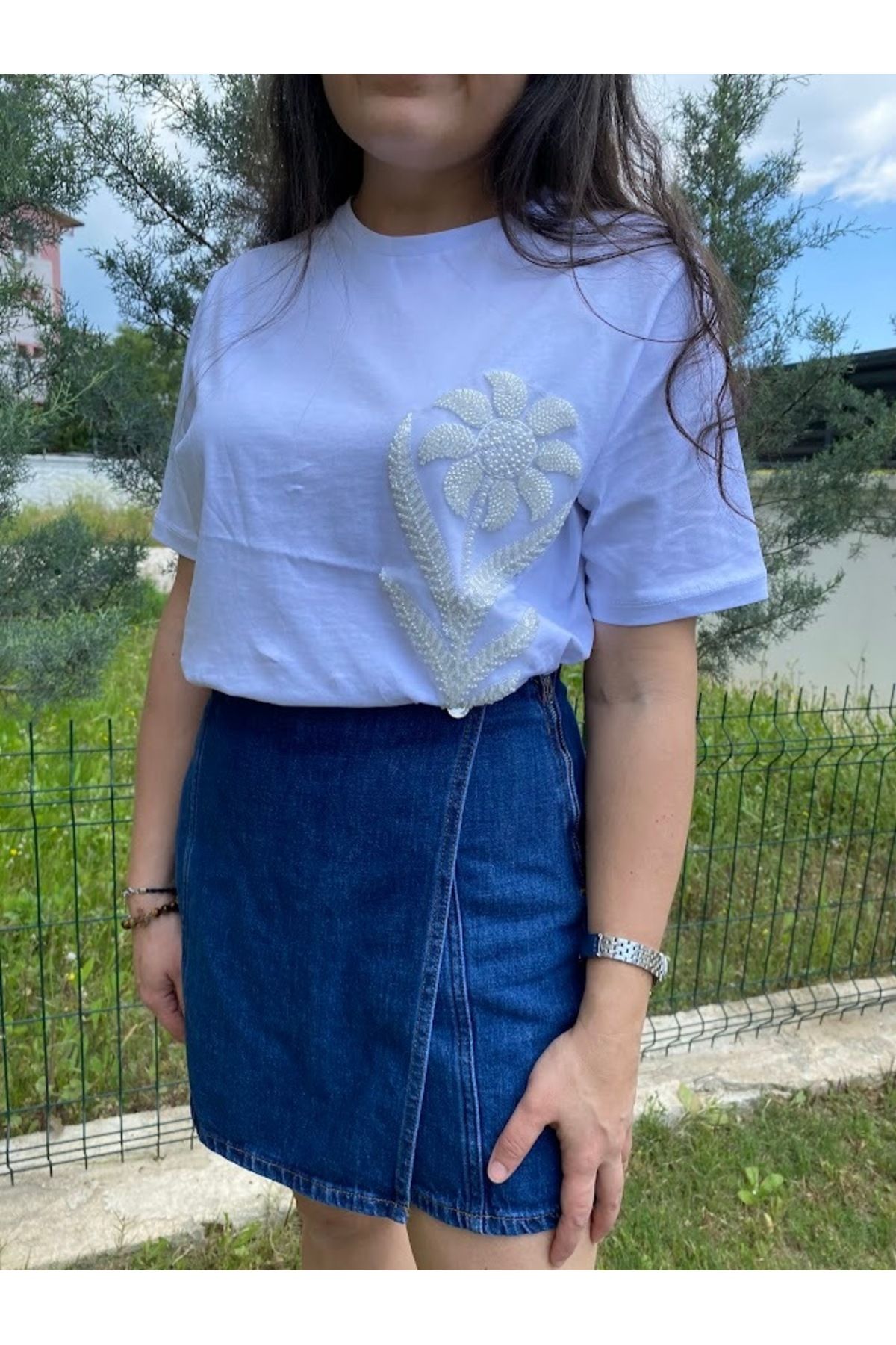 PERİNN BUTİK İşlemeli Beyaz T-Shirt