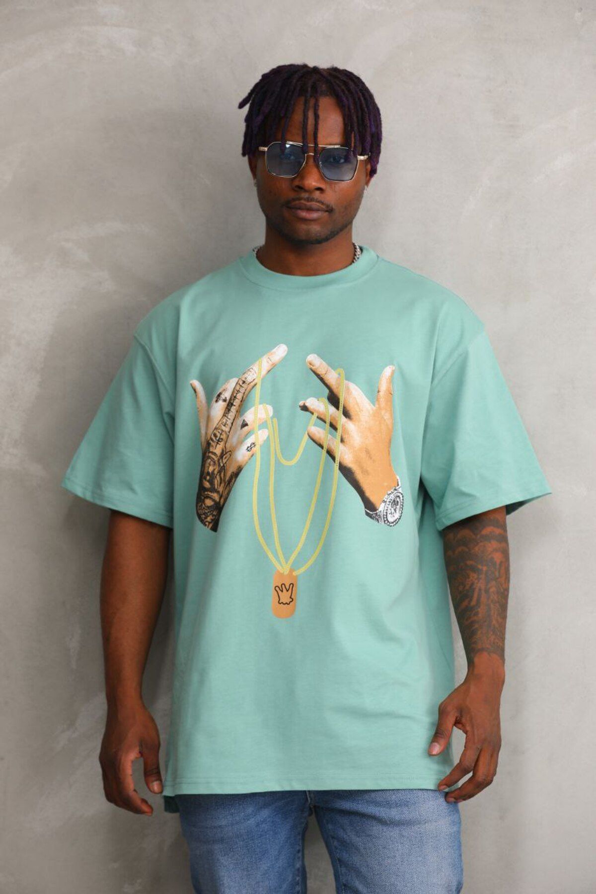 AURA Baskılı Oversize Bisiklet Yaka Unisex T-Shirt