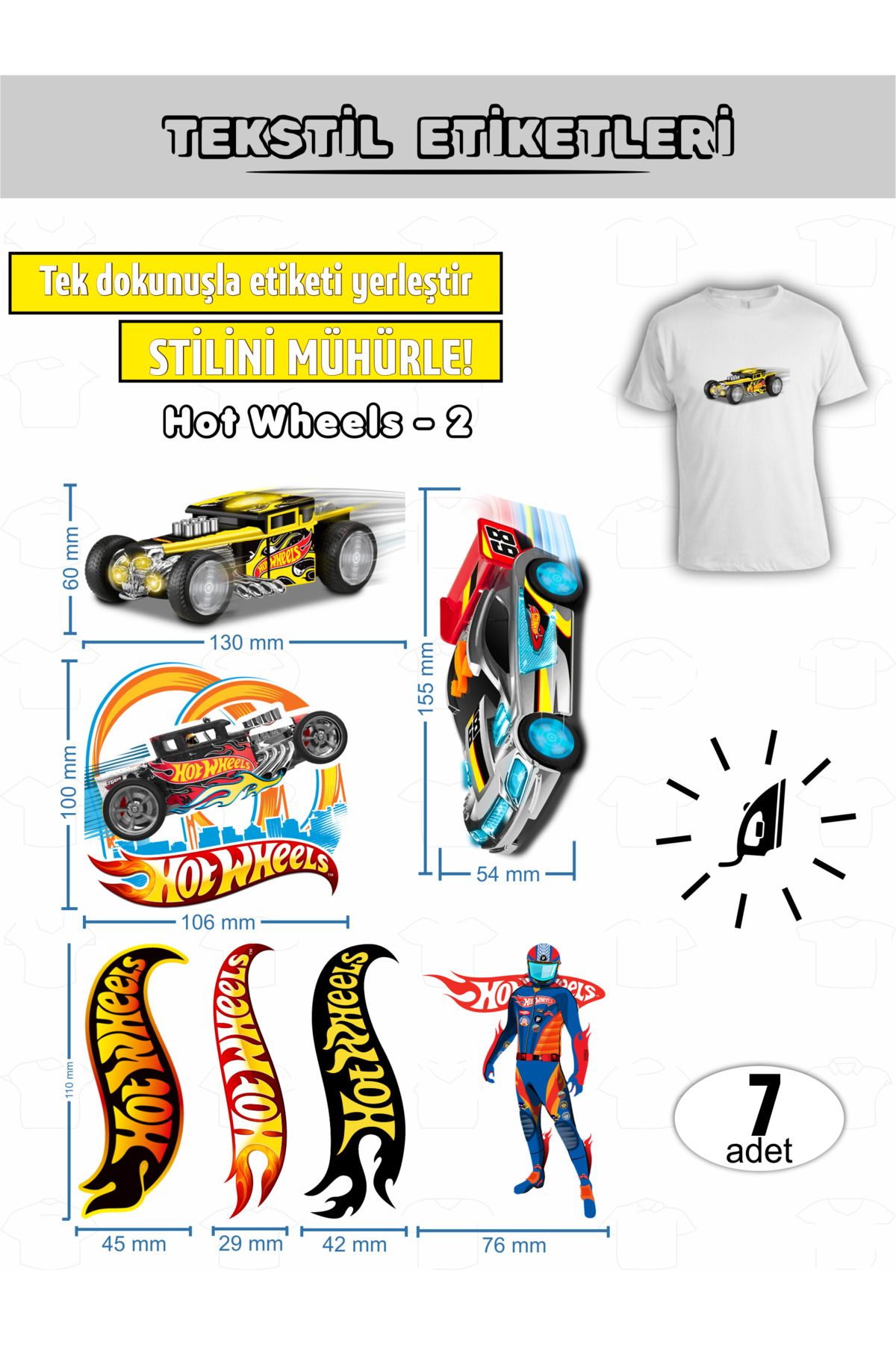 AGG Reklam Ütü ile Yapışan Kıyafet Etiketi HotWheels -2 7Li Set