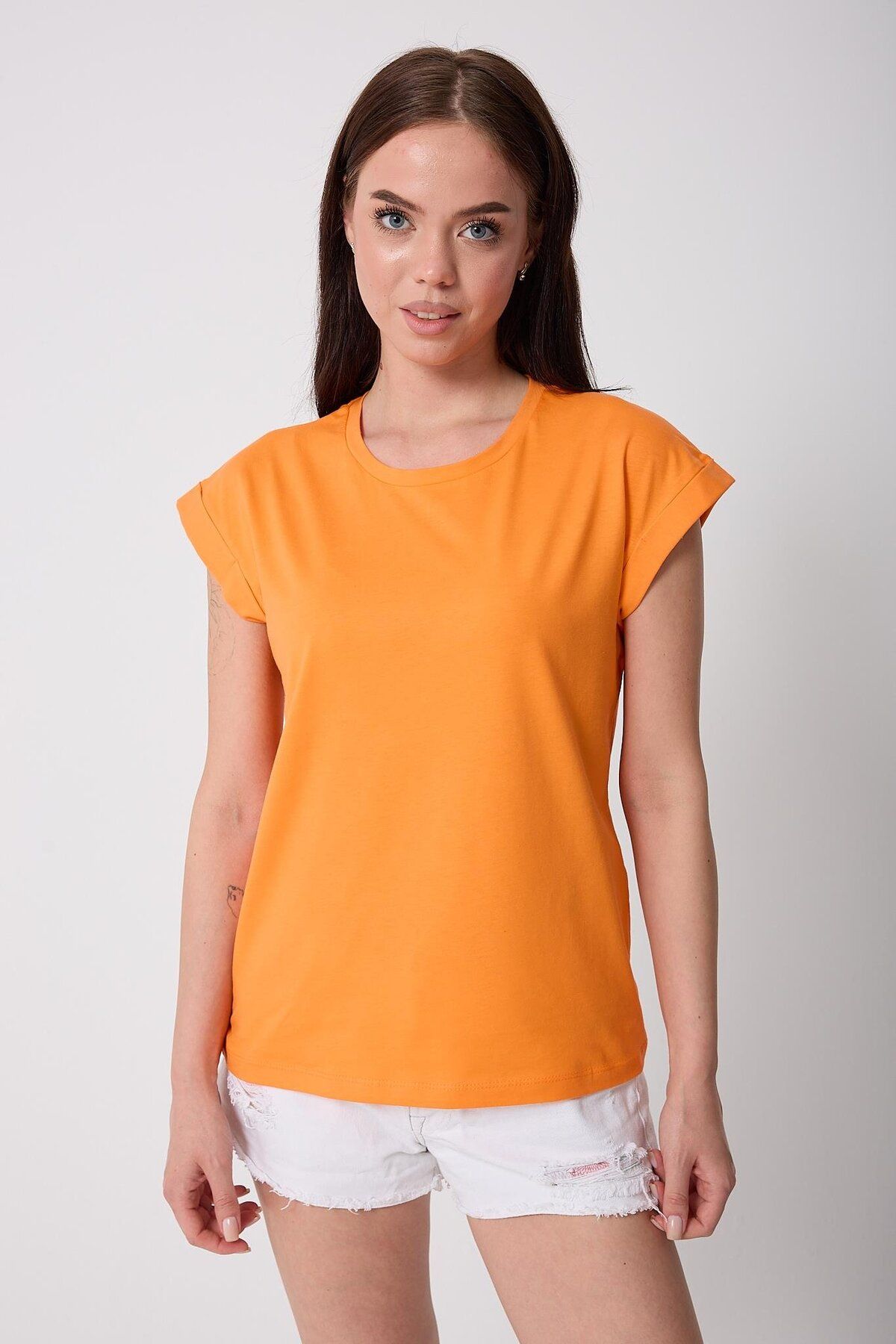 AMİDA Kadın Turuncu Likralı Duble Kol Basic T-shirt - 2525
