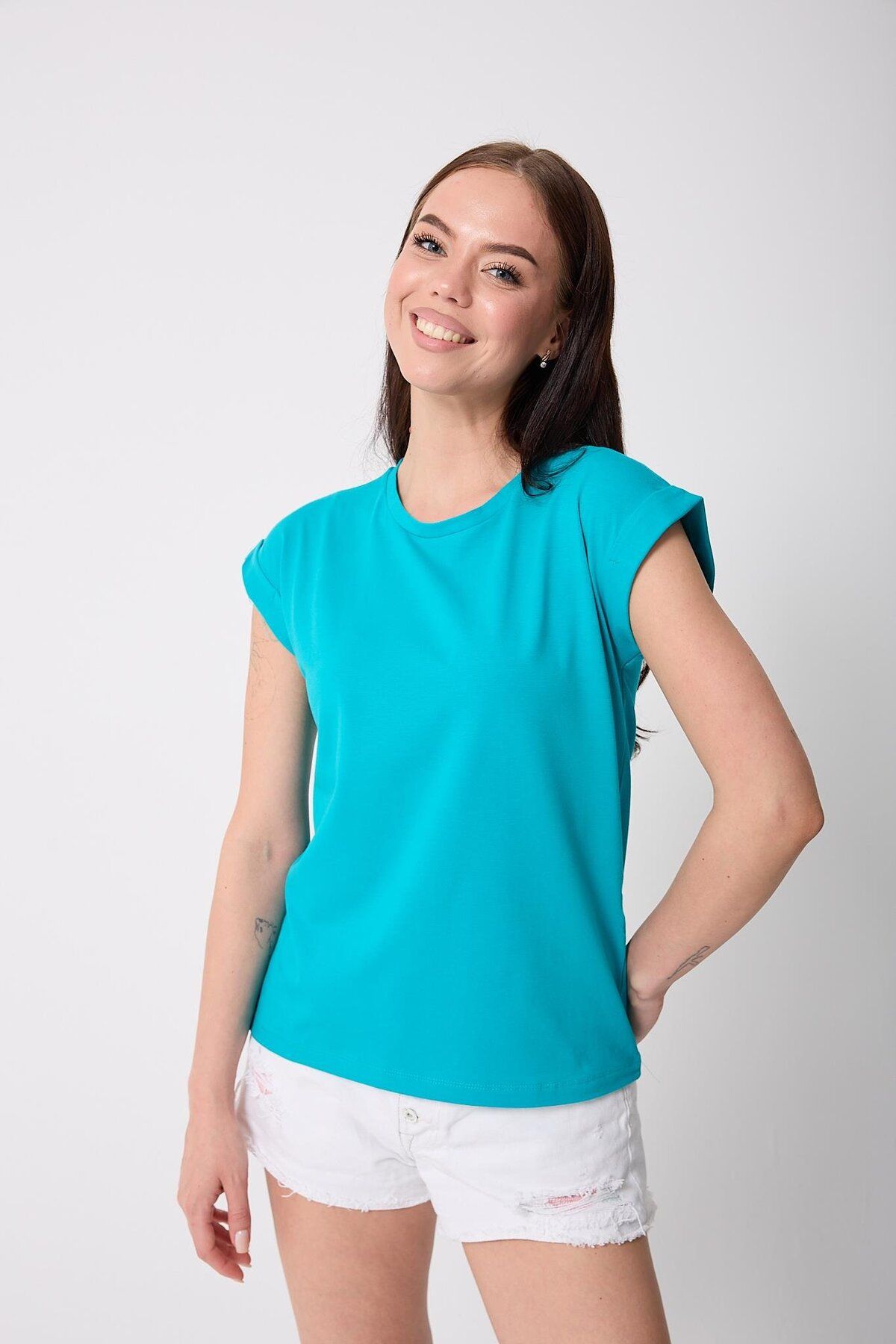AMİDA Kadın Turkuaz Likralı Duble Kol Basic T-shirt - 2525