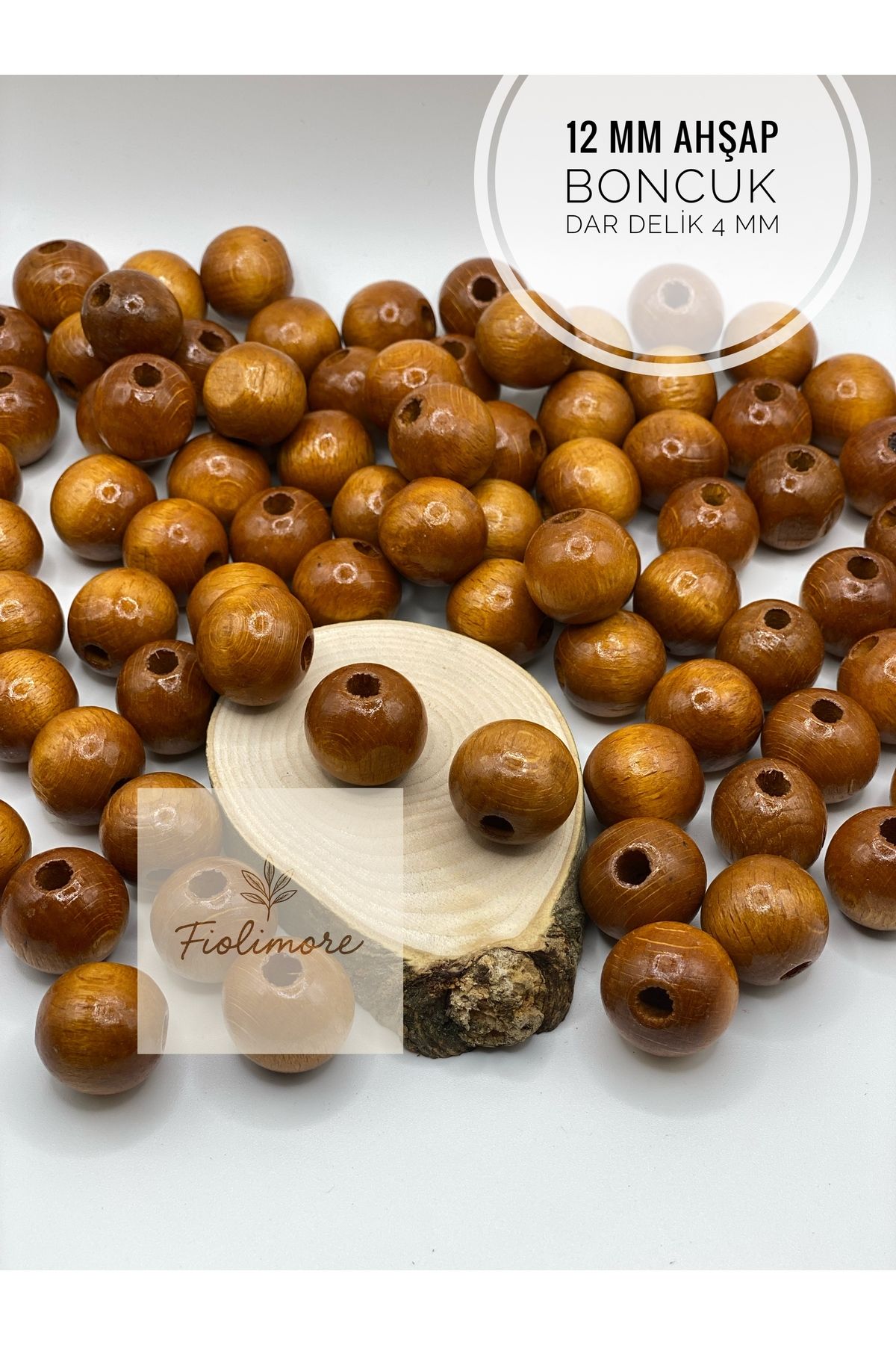 Fiolimore 12 mm Taba Rengi Ahşap Boncuk (50 Gram 95 Adet) Delik Çapı 4 mm Yuvarlak Dar Delik Renkli Tahta