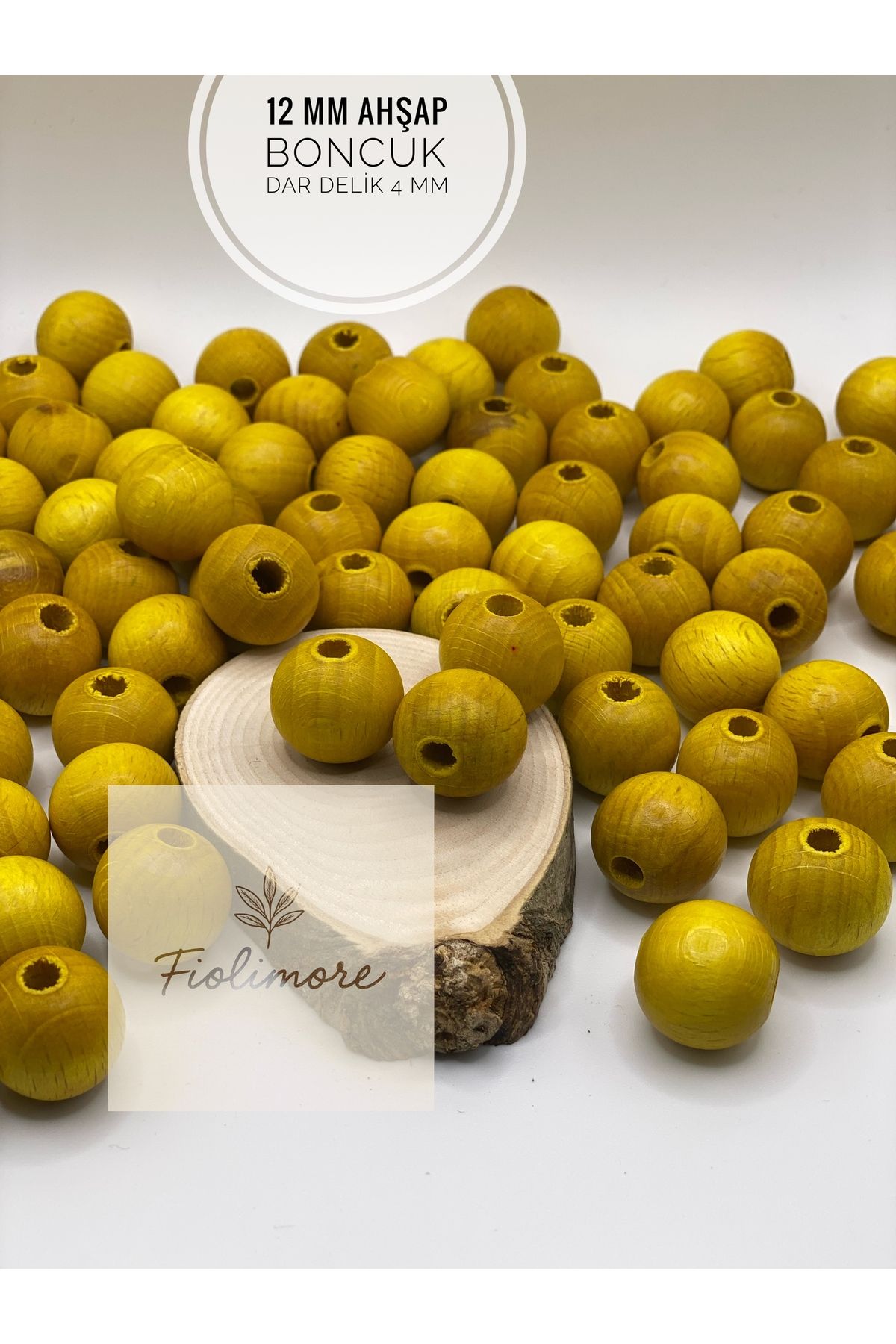Fiolimore 12 mm Sarı Ahşap Boncuk (50 Gram 95 Adet) Delik Çapı 4 mm Yuvarlak Dar Delik Renkli Tahta