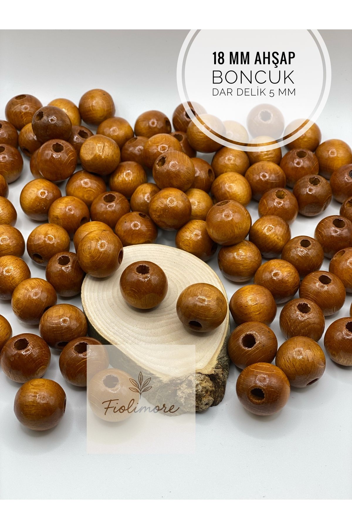 Fiolimore 18 mm Taba Rengi Ahşap Boncuk (50 Gram 25 Adet) Delik Çapı 5 mm Yuvarlak Dar Delik Renkli Tahta