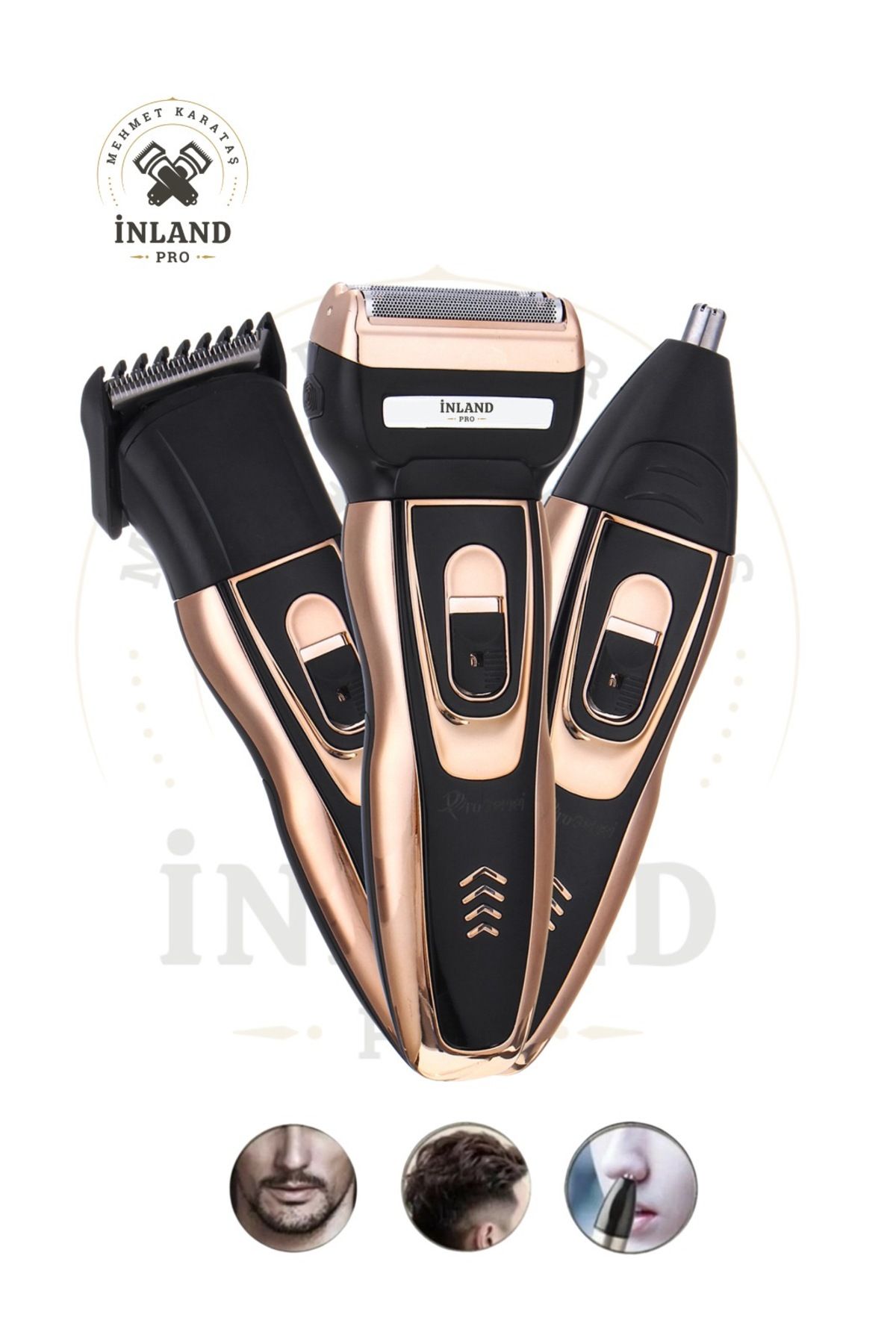İnland Pro Gold Turbo 3'lü Set Saç Sakal Kesme Tıraş Makinası Burun Kılı Alma 3ın1 Pro Model