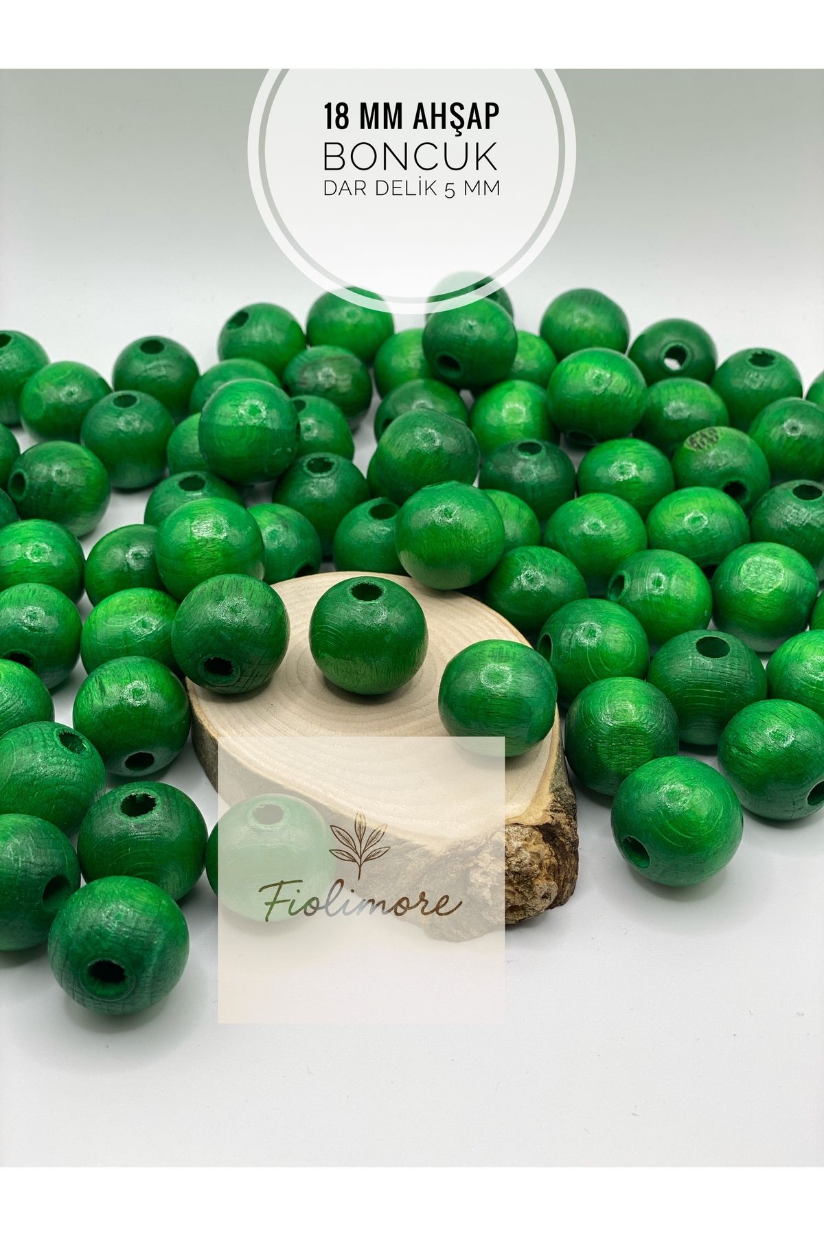Fiolimore 18 mm Yeşil Ahşap Boncuk (50 Gram 25 Adet) Delik Çapı 5 mm Yuvarlak Dar Delik Renkli Tahta