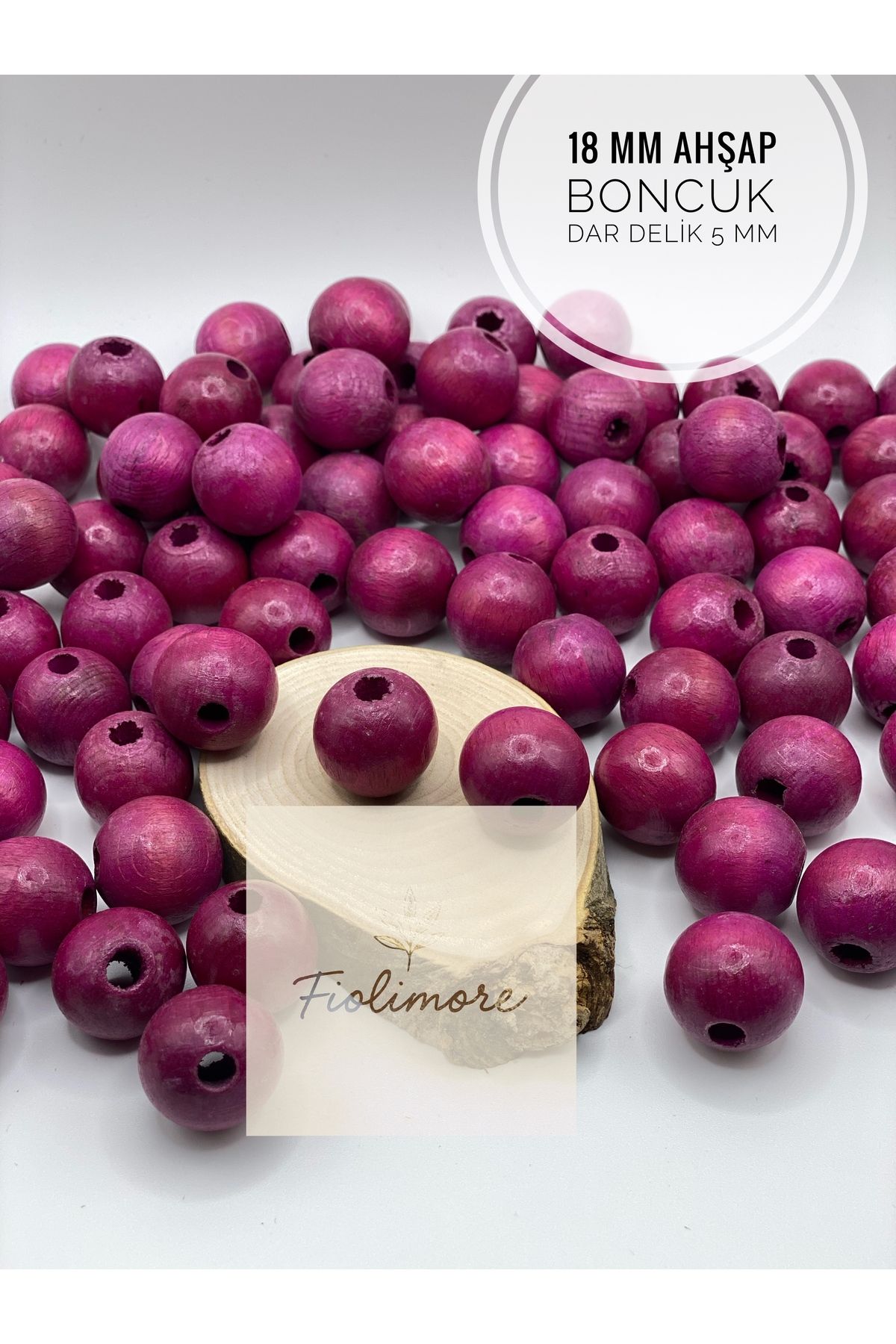 Fiolimore 18 mm Fuşya Pembe Ahşap Boncuk (50 Gram 25 Adet) Delik Çapı 5 mm Yuvarlak Dar Delik Renkli Tahta