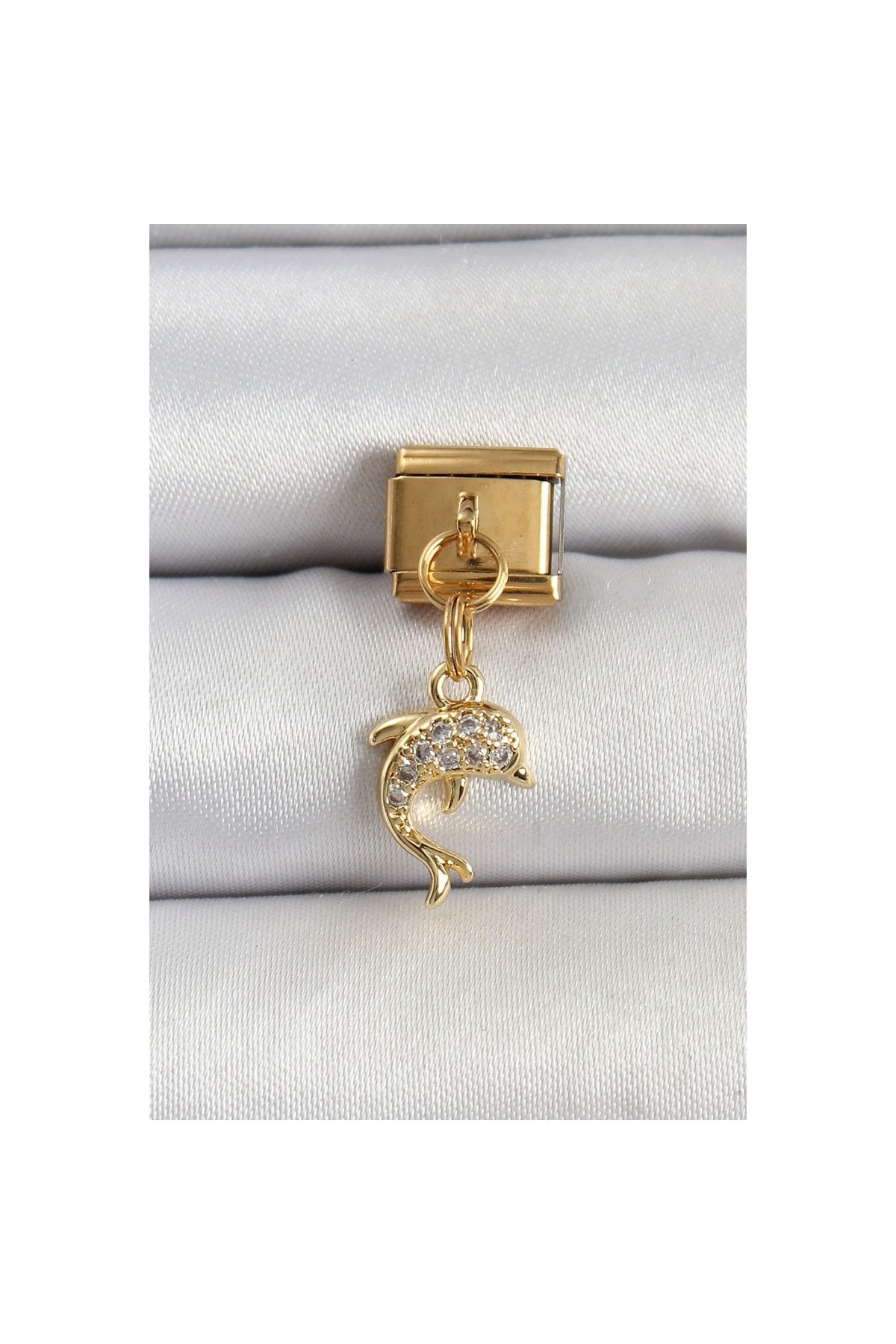 Ayder Timya 316l Çelik Sallantılı Zirkon Taşlı Yunus Balığı Model Gold Renk Nomination Charm - Tj-bc1407