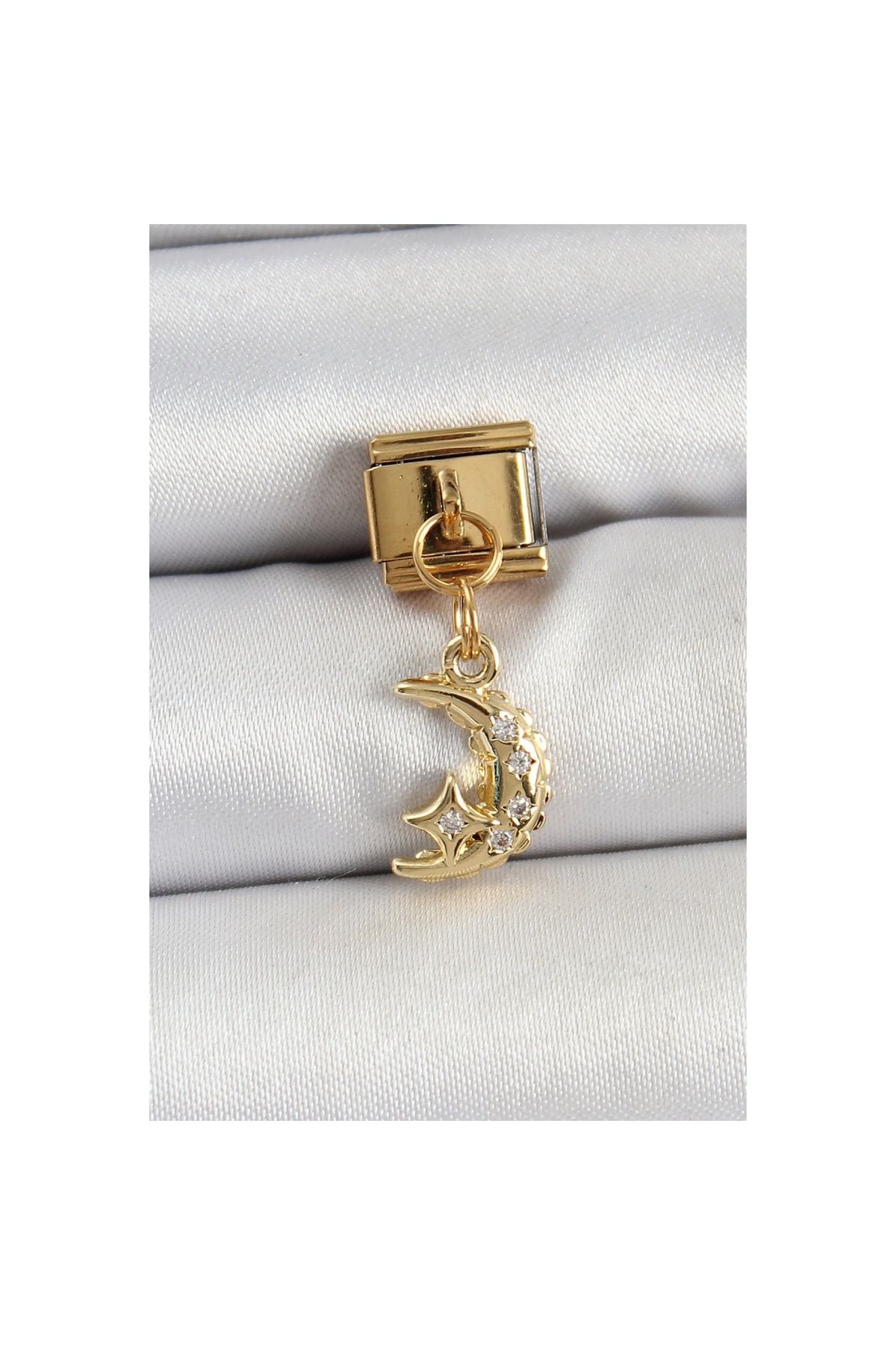 Ayder Timya 316l Çelik Sallantılı Zirkon Taşlı Ay Model Gold Renk Nomination Charm - Tj-bc1431