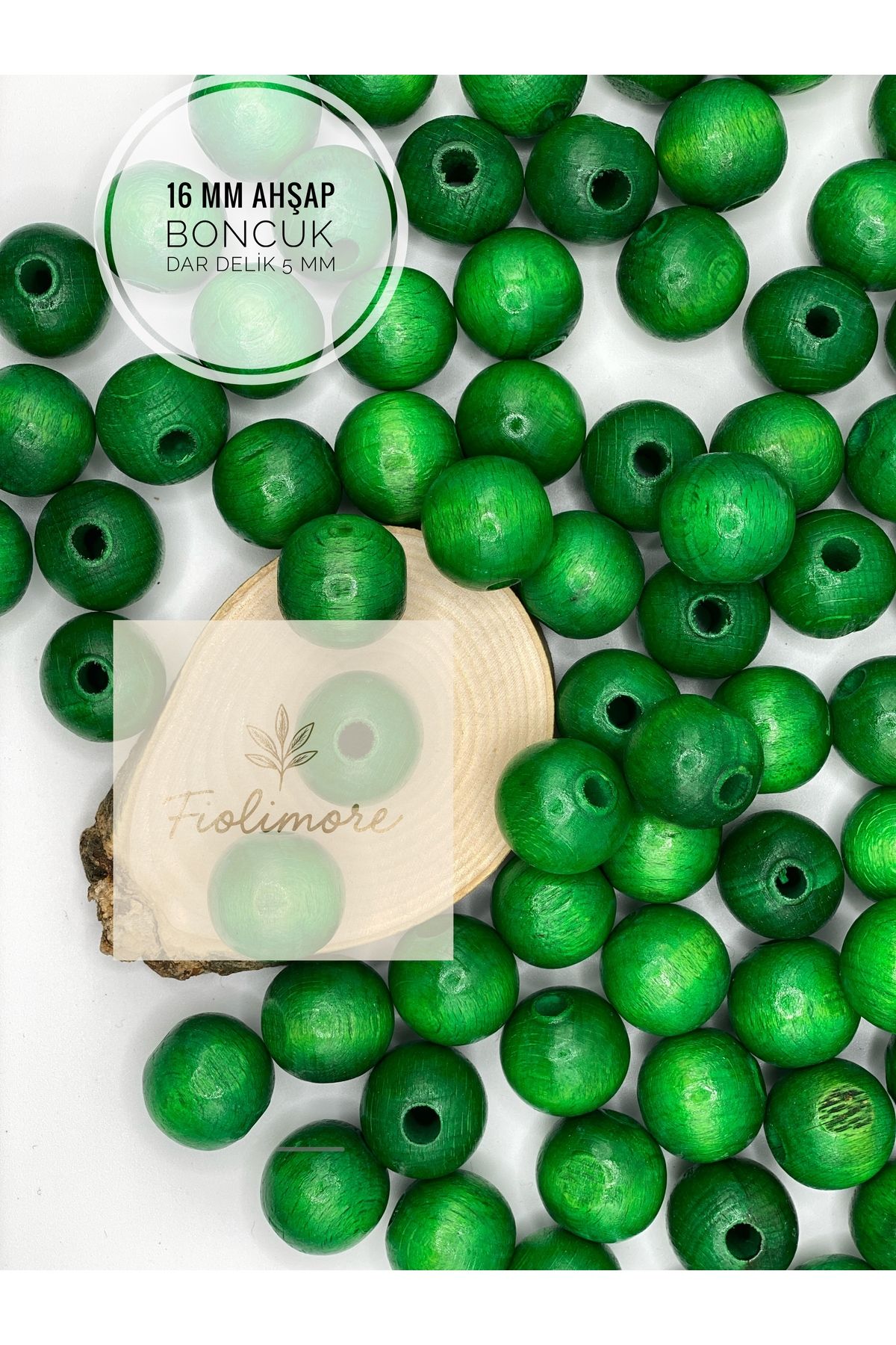 Fiolimore 16 mm Yeşil Ahşap Boncuk (50 Gram 35 Adet) Delik Çapı 5 mm Yuvarlak Dar Delik Renkli Tahta