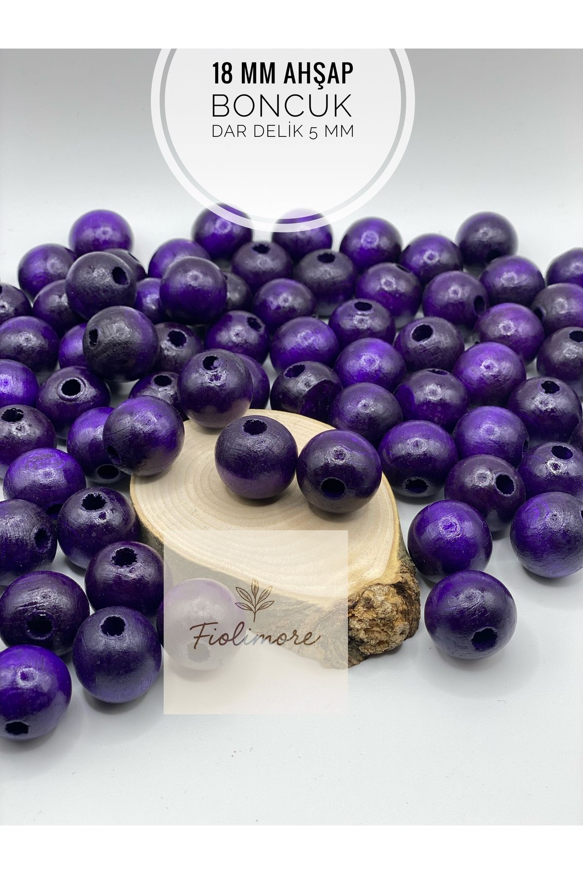 Fiolimore 18 mm Mor Ahşap Boncuk (50 Gram 25 Adet) Delik Çapı 5 mm Yuvarlak Dar Delik Renkli Tahta