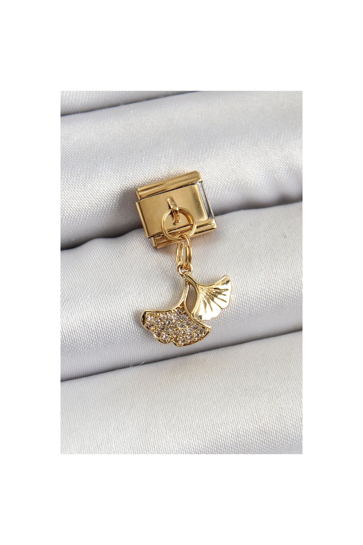 Ayder Timya 316l Çelik Sallantılı Zirkon Taşlı Balık Kuyruğu Model Gold Renk Nomination Charm - Tj-bc1404