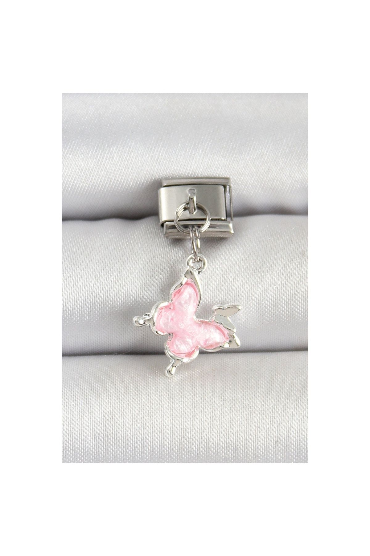 Ayder Timya 316l Çelik Gümüş Renk Pembe Kelebek Model Nomination Charm - Tj-bc1512