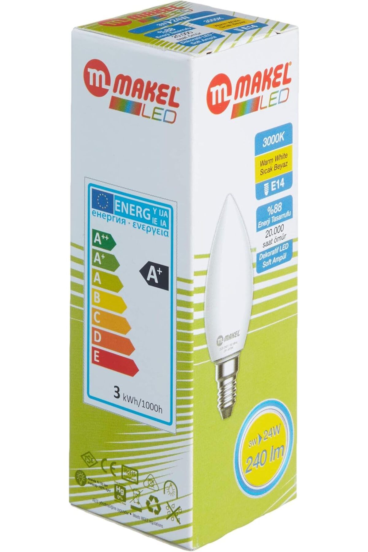 MAKEL Led Ampul, 3 W, Buji Tipi 3000 K, Sıcak Beyaz