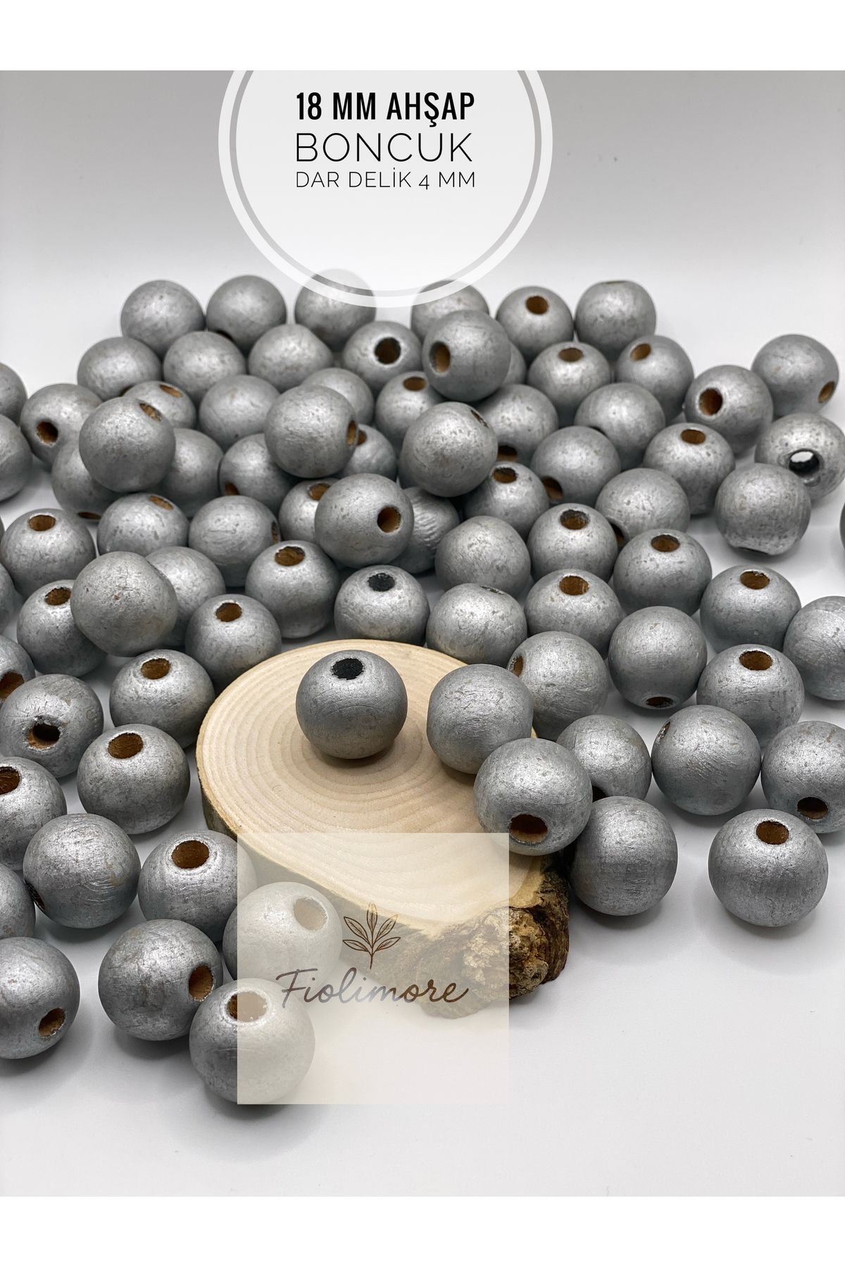 Fiolimore 18 mm Gri Ahşap Boncuk (50 Gram 25 Adet) Delik Çapı 5 mm Yuvarlak Dar Delik Renkli Tahta