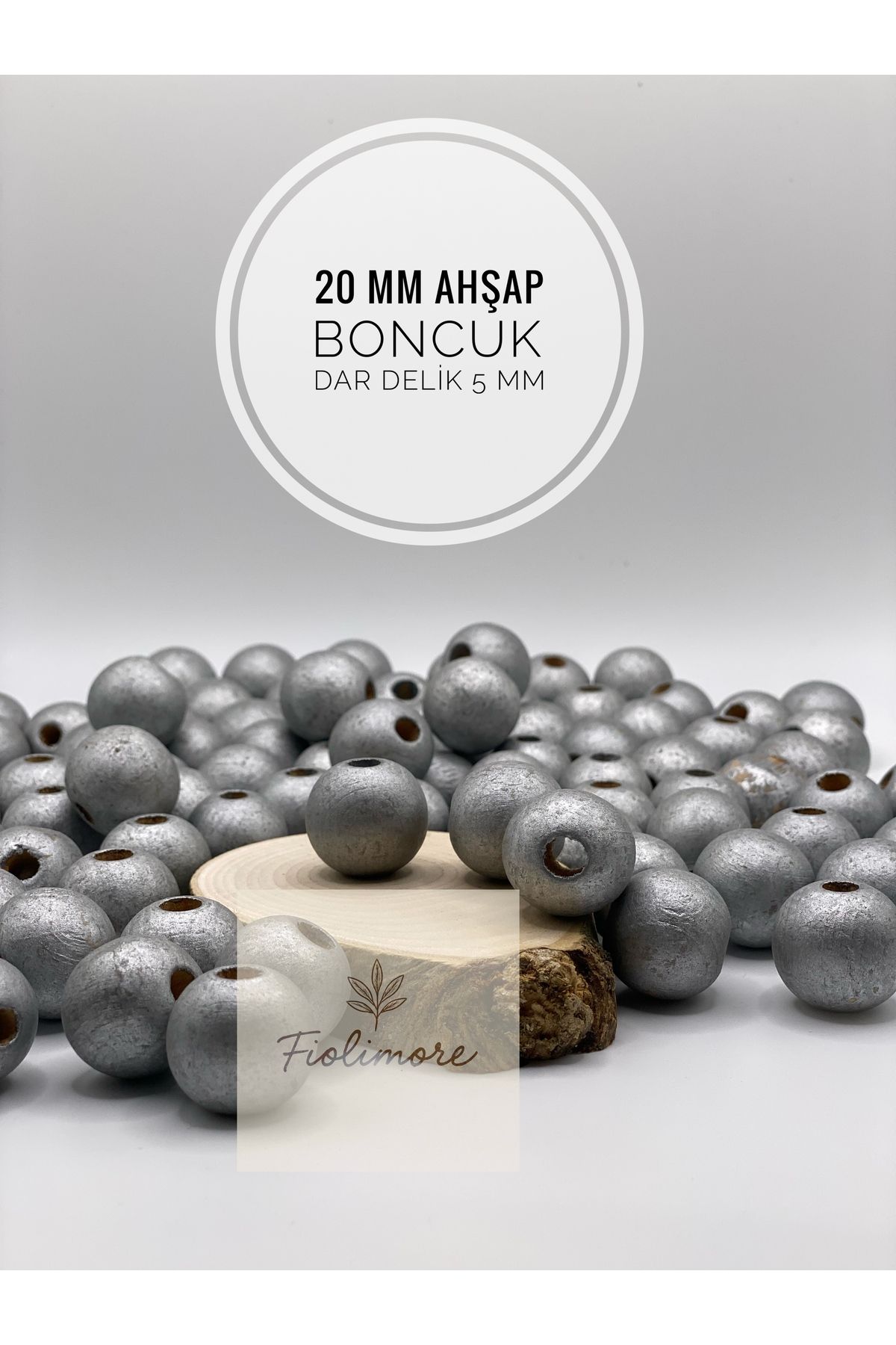 Fiolimore 20 mm Gri Ahşap Boncuk (50 Gram 18 Adet) Delik Çapı 5 mm Yuvarlak Dar Delik Renkli Tahta