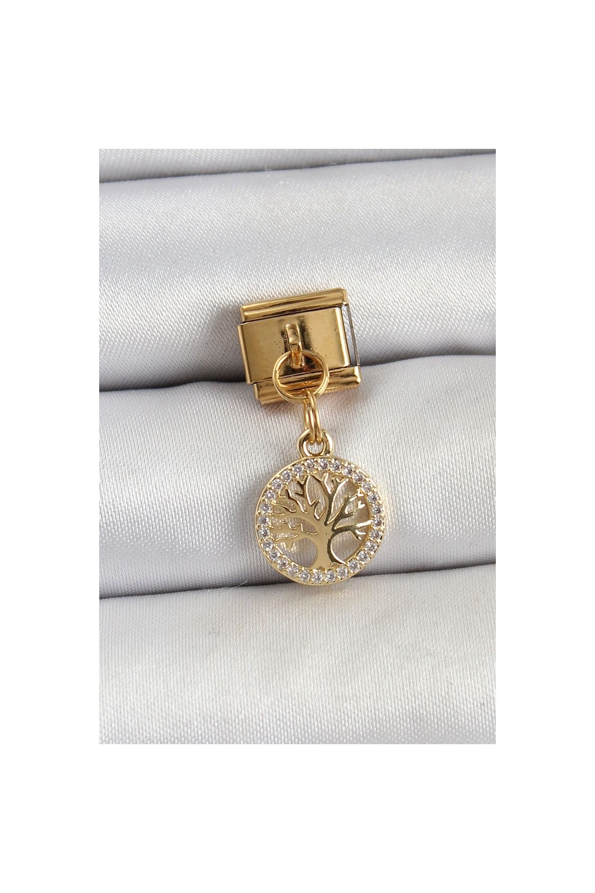 Ayder Timya 316l Çelik Sallantılı Zirkon Taşlı Hayat Ağacı Model Gold Renk Nomination Charm - Tj-bc1422