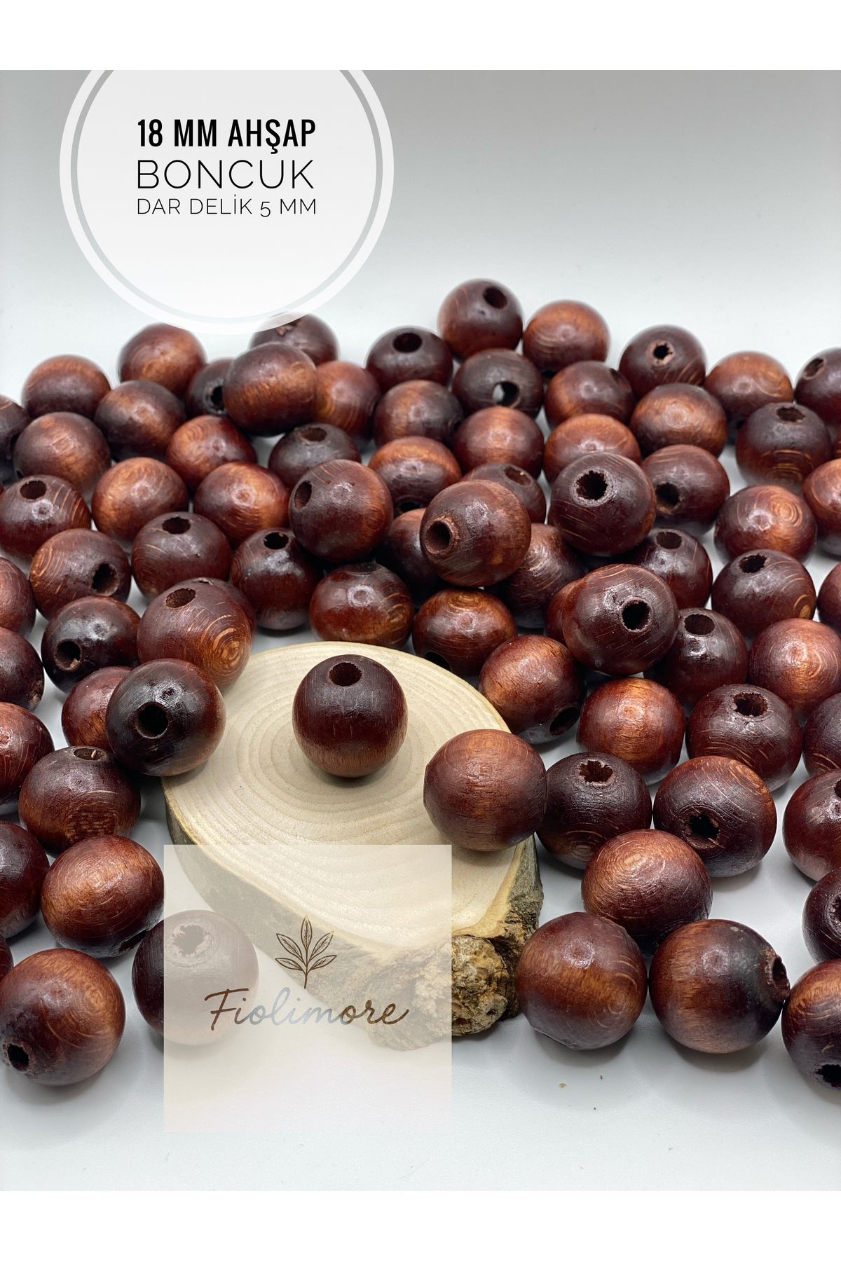 Fiolimore 18 mm Kahverengi Ahşap Boncuk (50 Gram 25 Adet) Delik Çapı 5 mm Yuvarlak Dar Delik Renkli Tahta