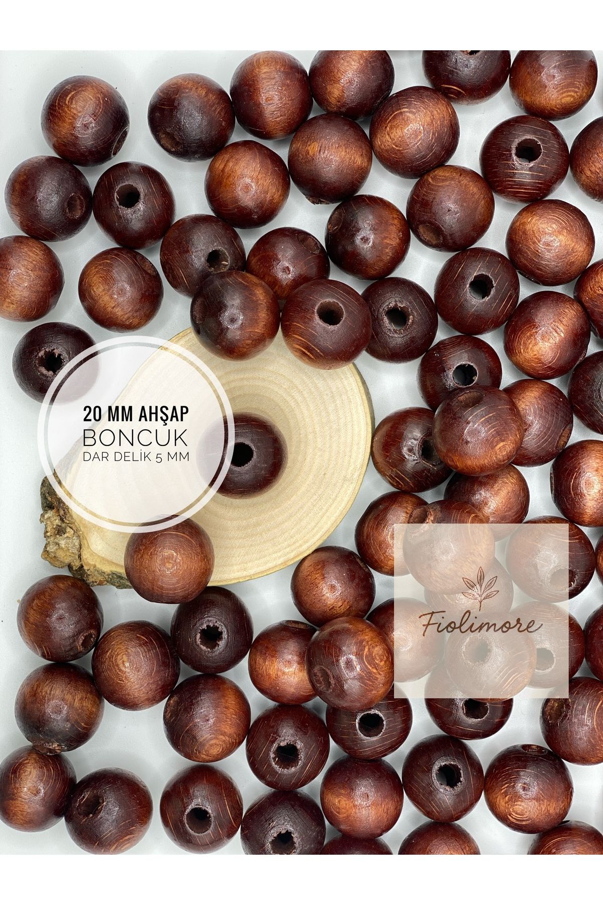 Fiolimore 20 mm Kahverengi Ahşap Boncuk (50 Gram 18 Adet) Delik Çapı 5 mm Yuvarlak Dar Delik Renkli Tahta