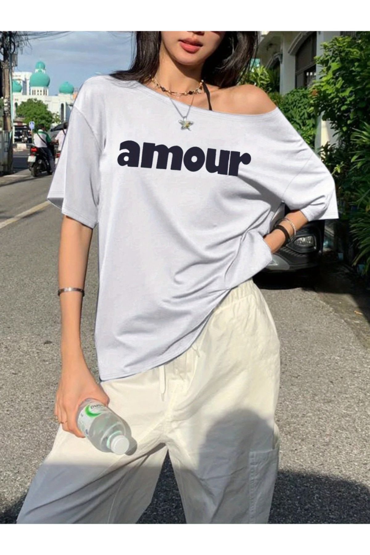 Koklonmoda Büyük Beden Kadın Düşük Omuz Kayık Yaka Amour Baskılı T-Shirt
