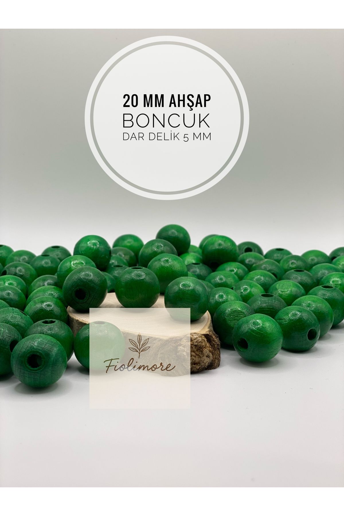 Fiolimore 20 mm Yeşil Ahşap Boncuk (50 Gram 18 Adet) Delik Çapı 5 mm Yuvarlak Dar Delik Renkli Tahta