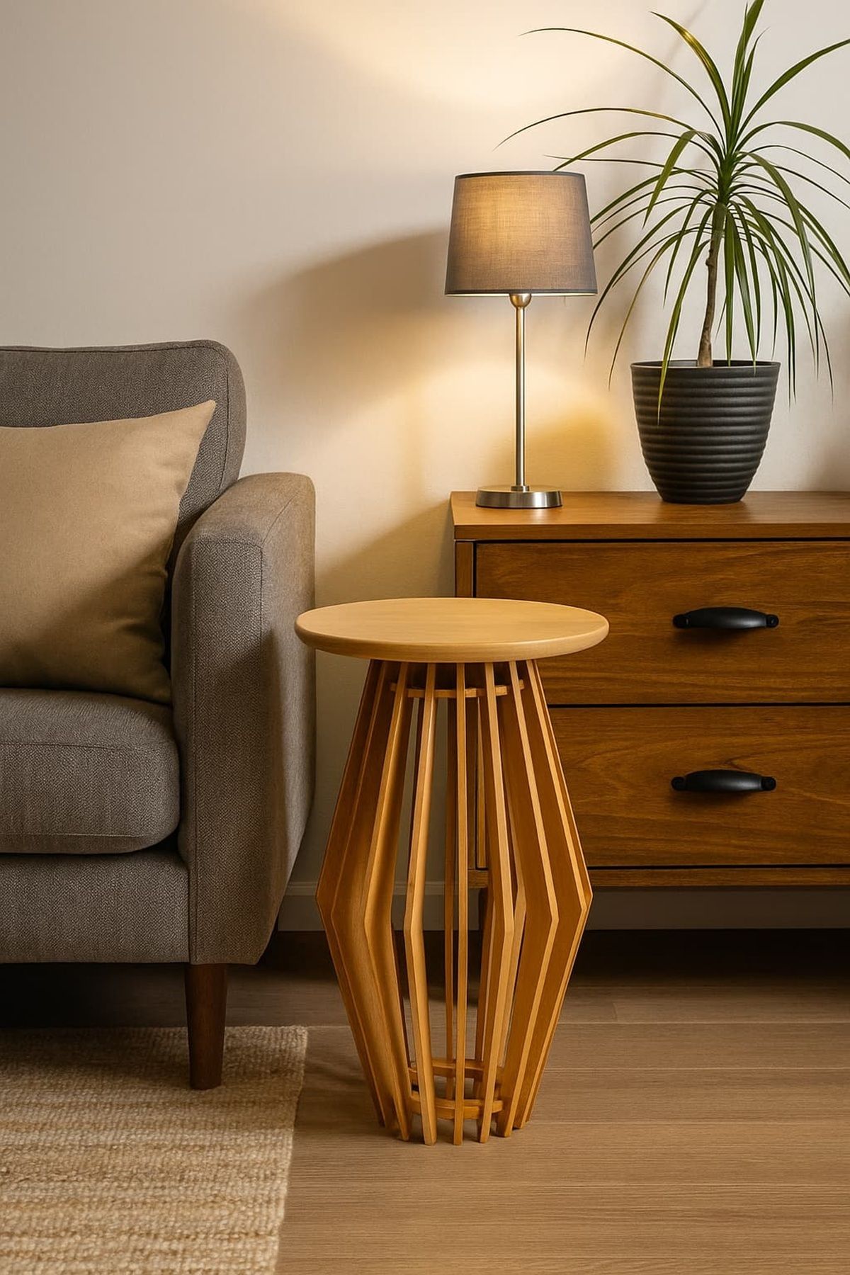 Onouqo Palermo Yuvarlak Modern Klasik Rustik Retro Vintage Naturel Dekoratif Ahşap Çıtalı Yan Mantar Sehpa