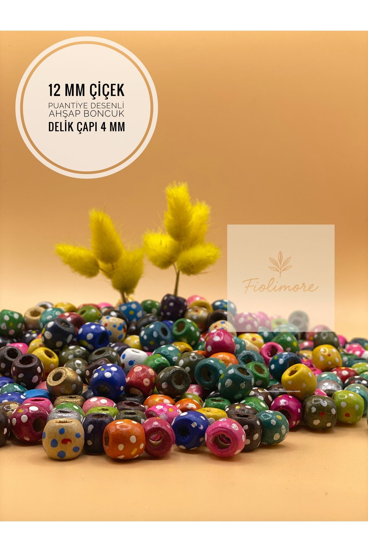 Fiolimore 12 Mm Çiçek Puantiye Desenli Ahşap Boncuk (25 GRAM 40 ADET) Delik Çapı 4 Mm Renkli Tahta