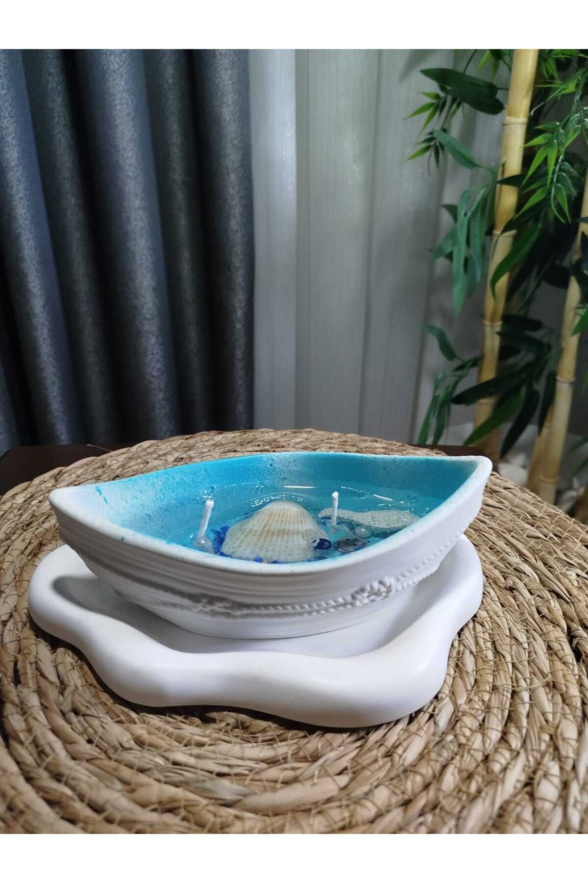 Breeze Candle : Nordic okyanus temalı jel mum , alçı tekne ,takı konteynırı.