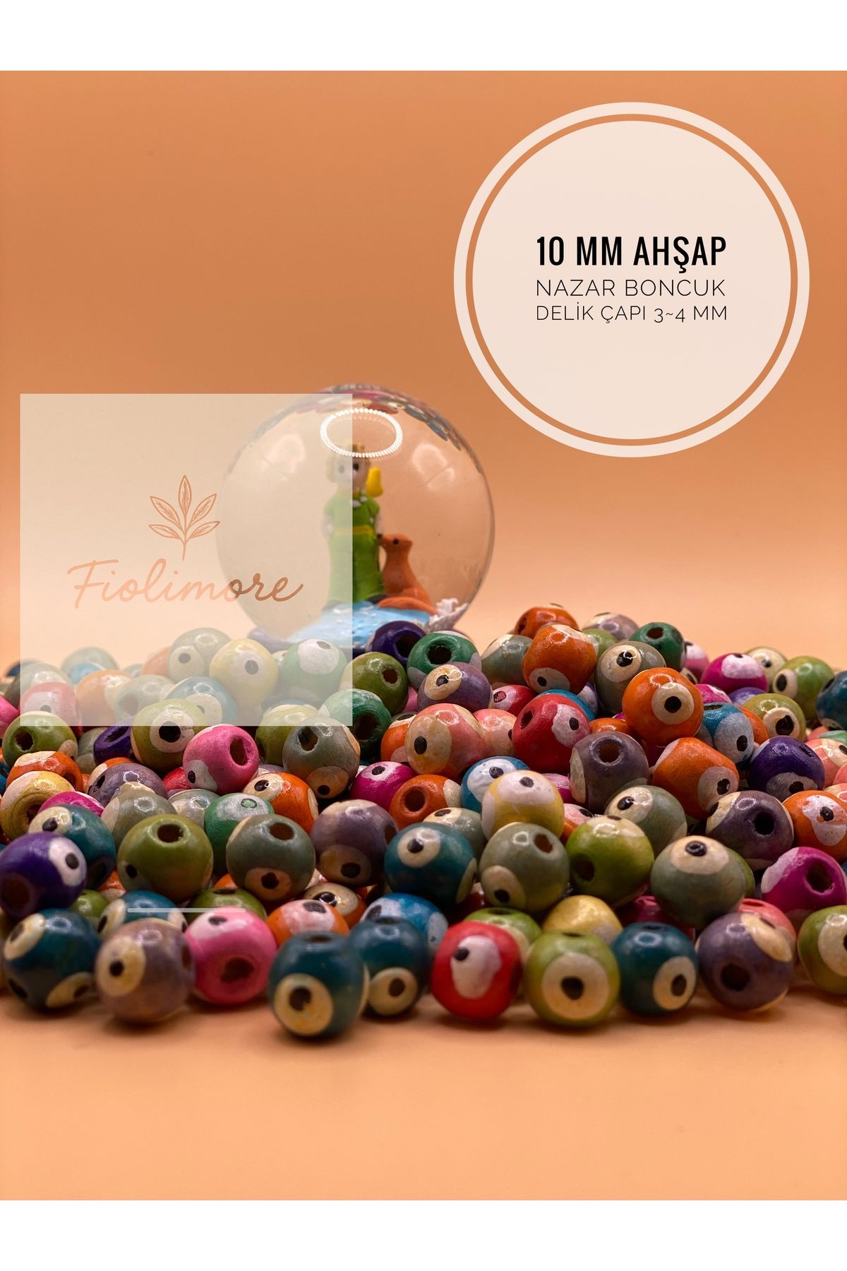 Fiolimore 10 mm Karışık Renkli Ahşap Nazar Boncuğu (25 Gram 70 Adet) Delik Çapı 3-4 mm Tahta Boncuk Takı