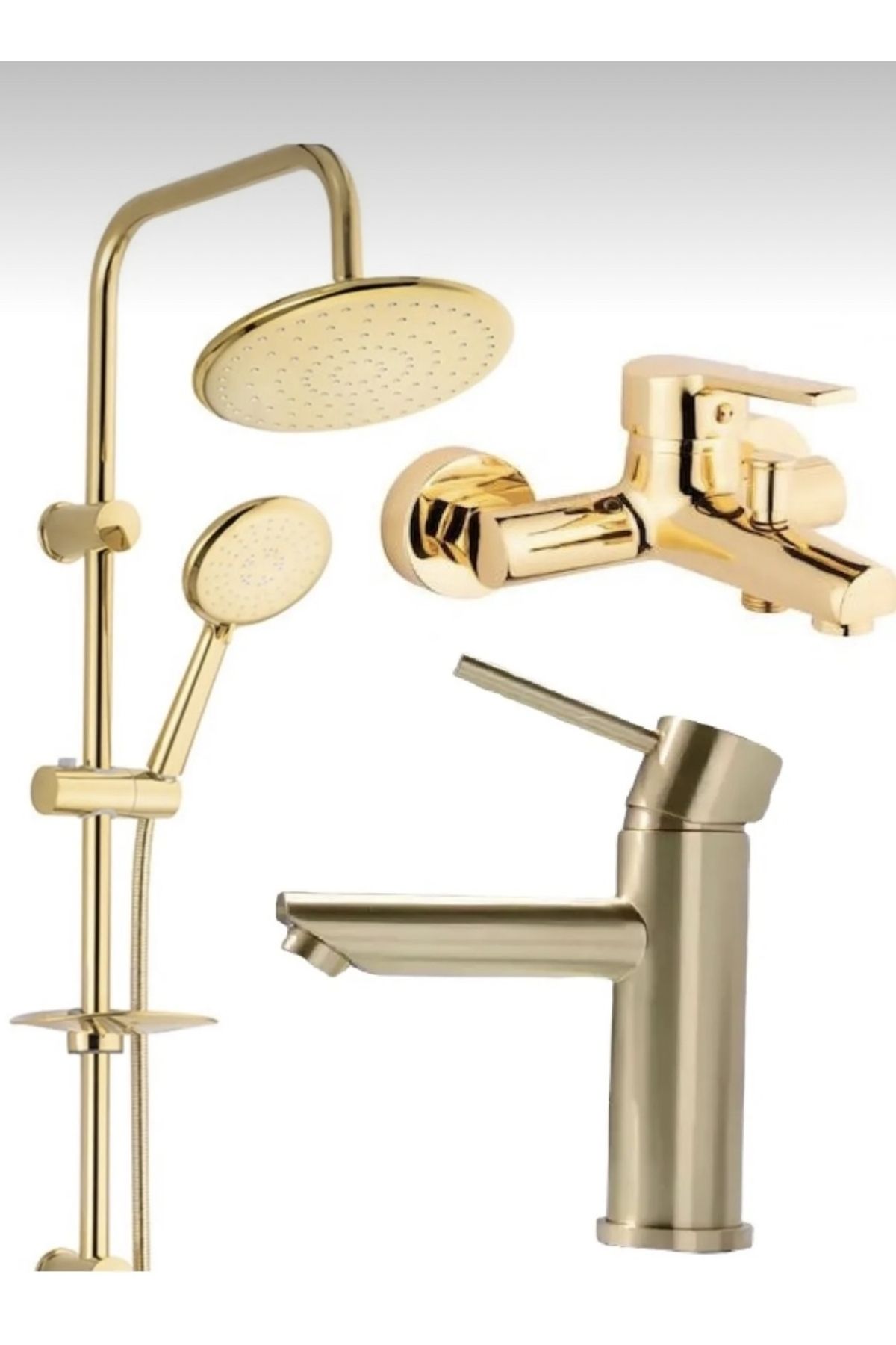 BDL ARMATÜR Gold Altın Yuvarlak Robot Duş Seti, Kartal Lavabo Ve Banyo Bataryası Musluğu Çeşmesi 3’lü Set