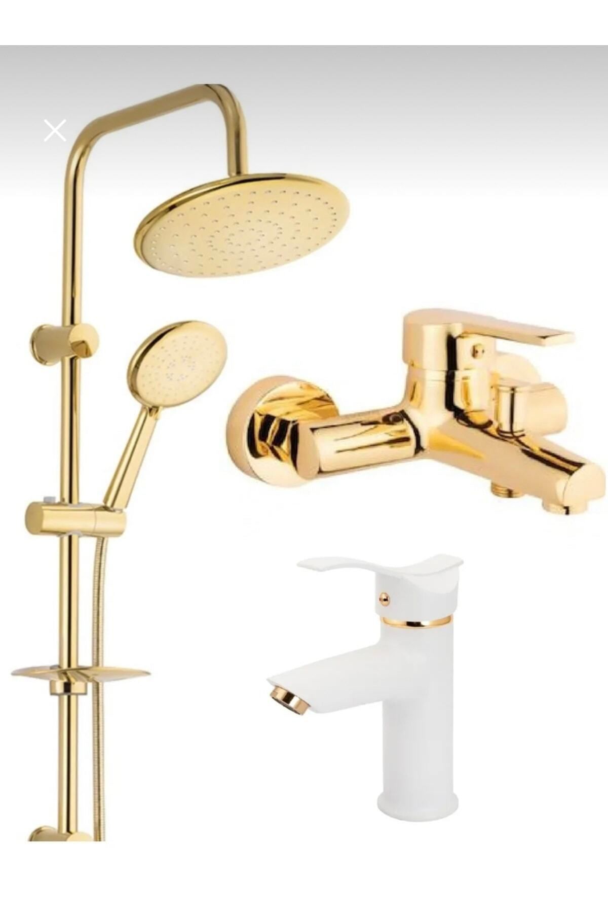 BDL ARMATÜR Beyaz Gold Kartal Lavabo,gold Robot Duş Seti Ve Banyo Bataryası Musluğu Çeşmesi 3’lü Set