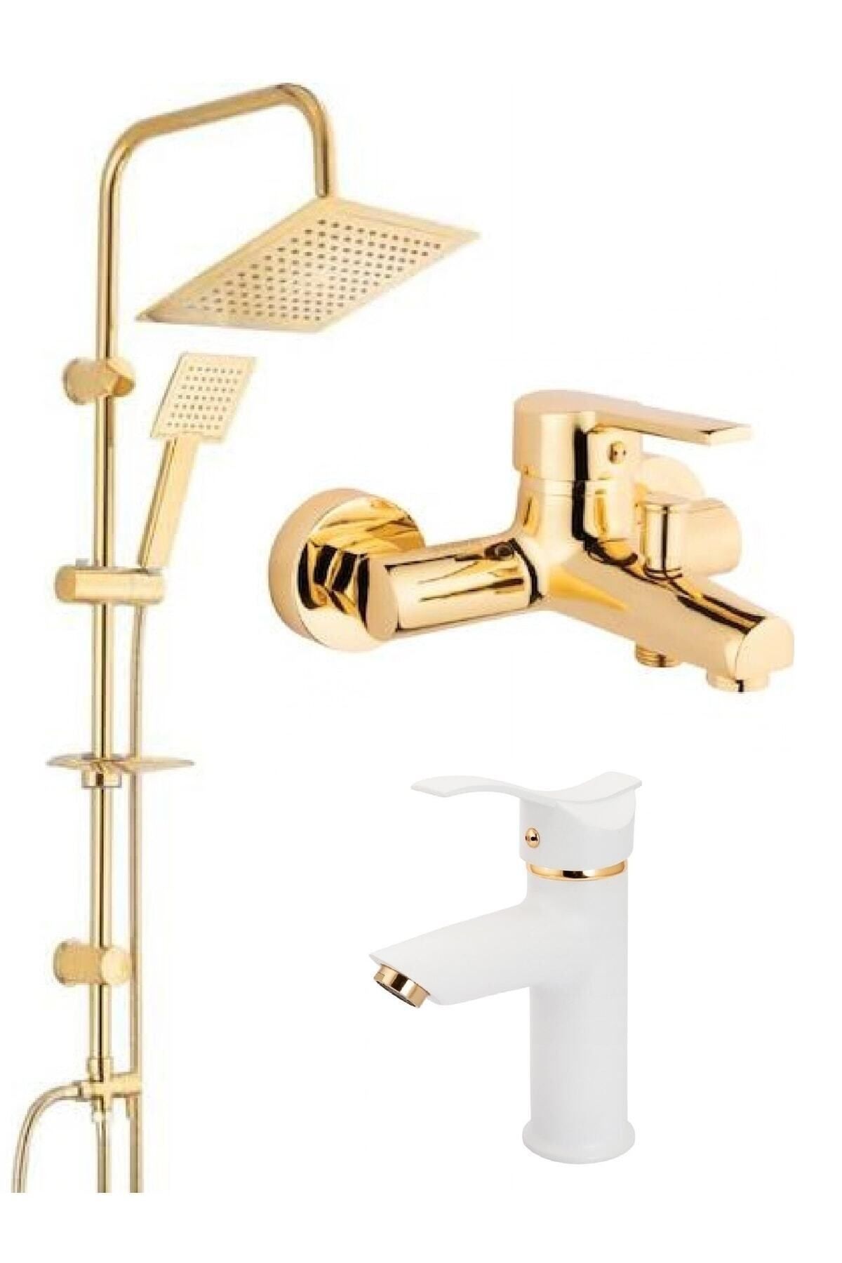 BDL ARMATÜR Beyaz Gold Kartal Lavabo, Gold Kare Robot Duş Seti, Banyo Bataryası Musluğu Çeşmesi 3