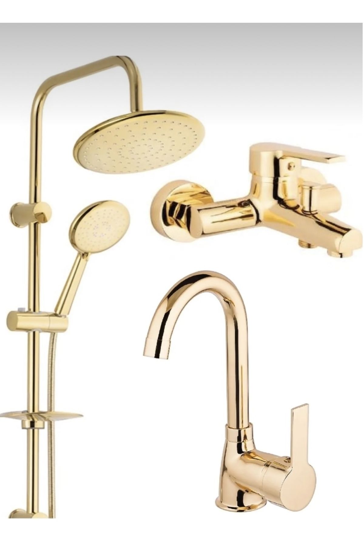 BDL ARMATÜR KCA ALTIN GOLD YUVARLAK ROBOT DUŞ SETİ, BANYO VE LAVABO BATARYASI MUSLUĞU ÇEŞMESİ 3’LÜ SET