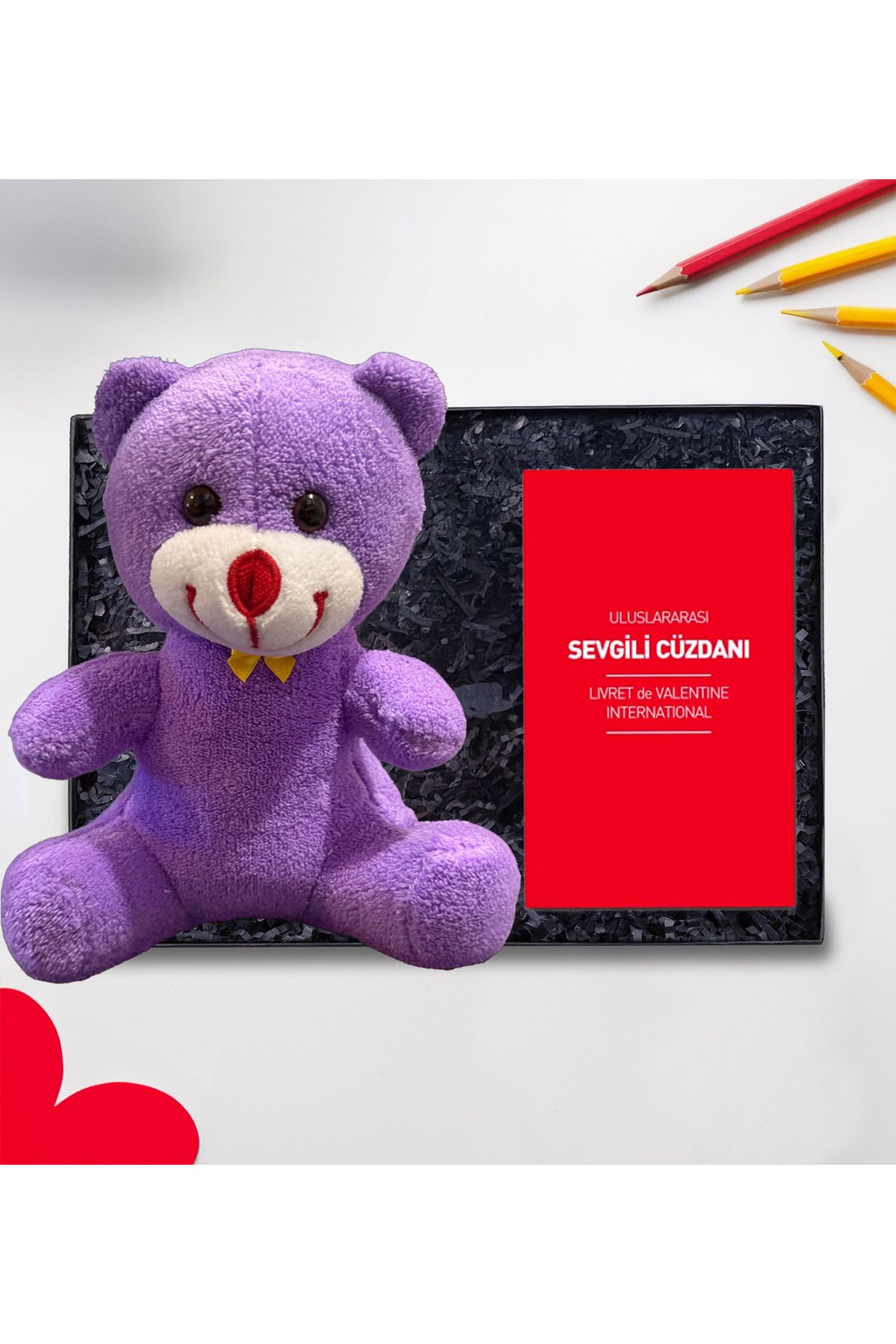 lenostra Sevgiliye Romantik Hediye 25cm Mor Ayıcık ve Sevgili Cüzdanı Aşk Hediye Sevgiliye Özel