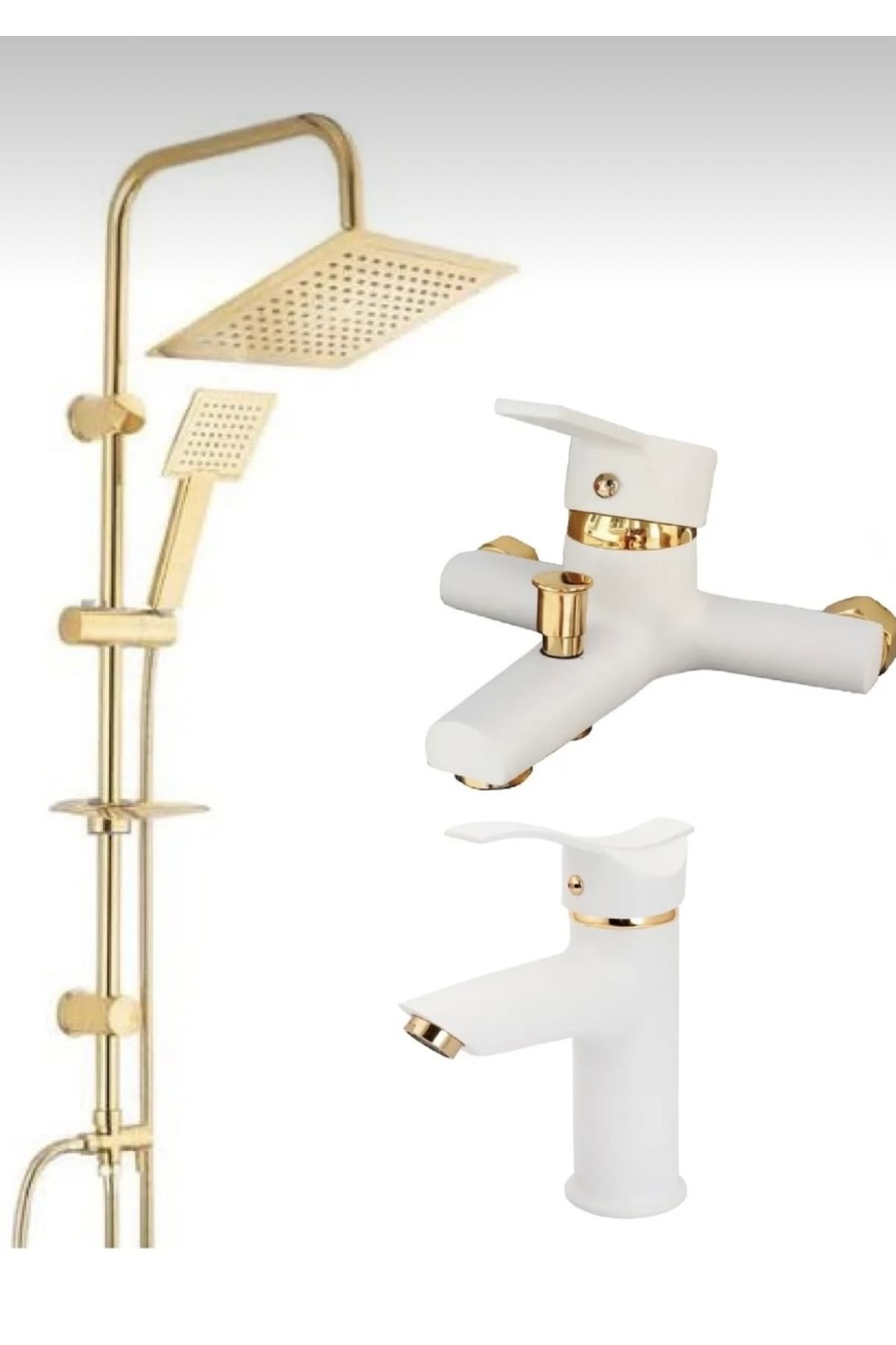 BDL ARMATÜR GOLD ALTIN KARE ROBOT DUŞ SETİ, BEYAZ GOLD KARTAL LAVABO VE BANYO BATARYASI MUSLUĞU 3’LÜ SET