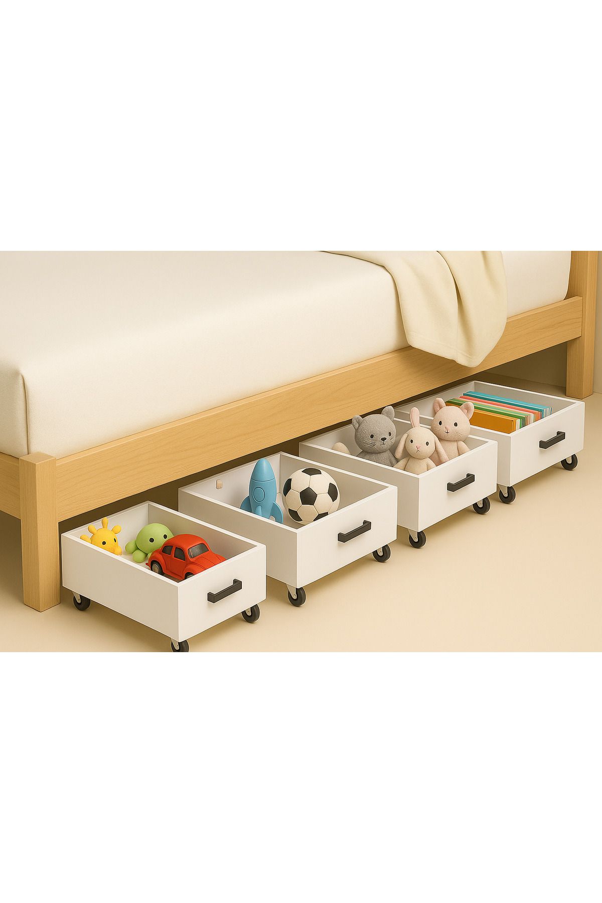 MARMAWOOD Tekerlekli Baza Altı Organizer Kutusu – Beyaz MDF, Metal Kulp, 59x35x12 cm