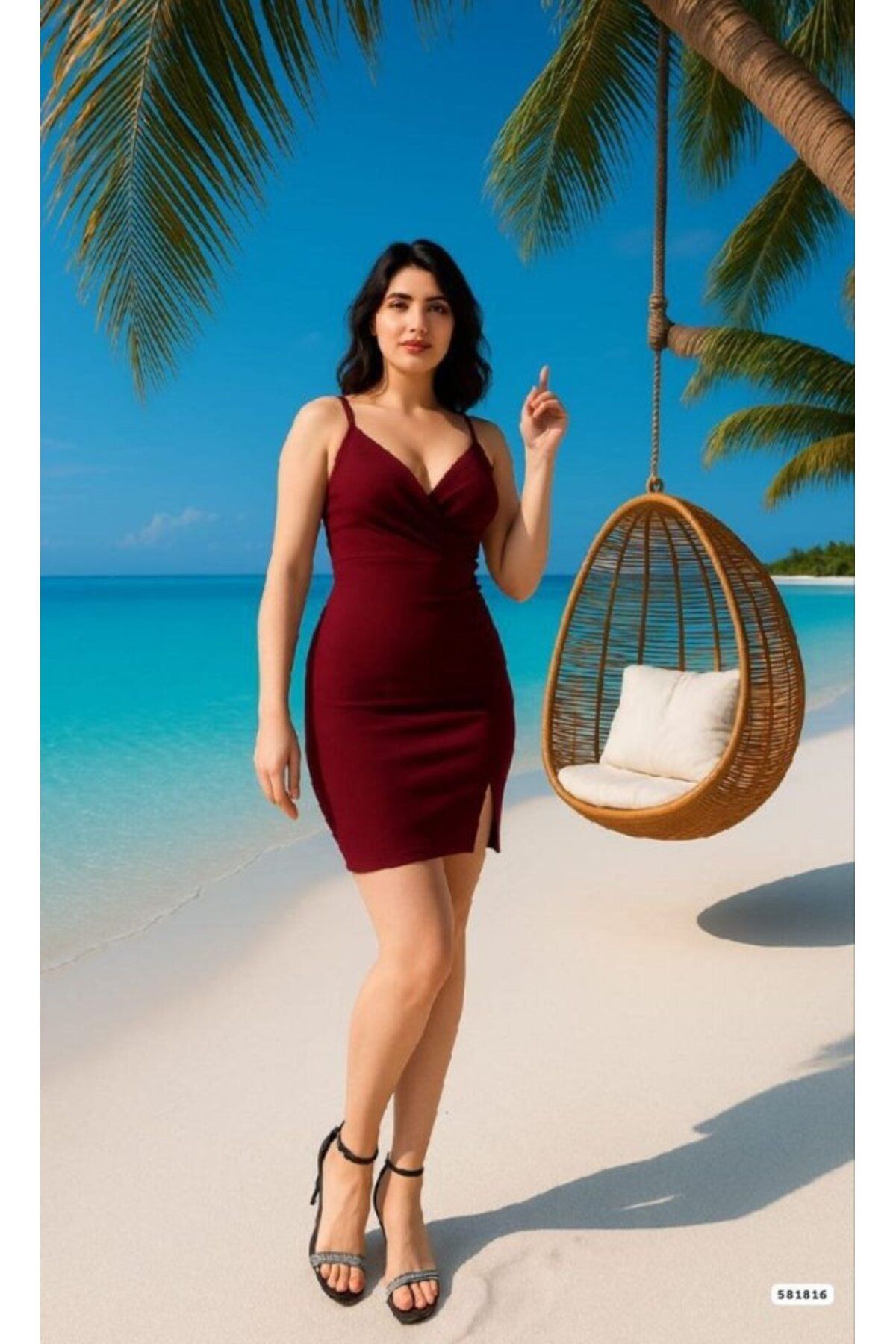 mirror the beauty güzelliği yansıtın Kadın Yırtmaç Detaylı Askılı Kruvaze Yaka Scuba Krep Kumaş Elbi