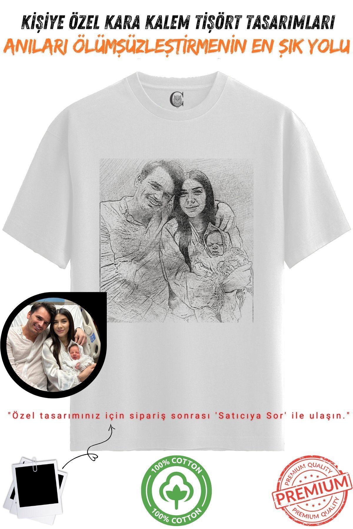 Color Luxe Kişiye Özel Karakalem Tişört | Fotoğraftan Baskı | Aile Evcil Hayvan Tasarım | %100 Pamuk Unisex v3