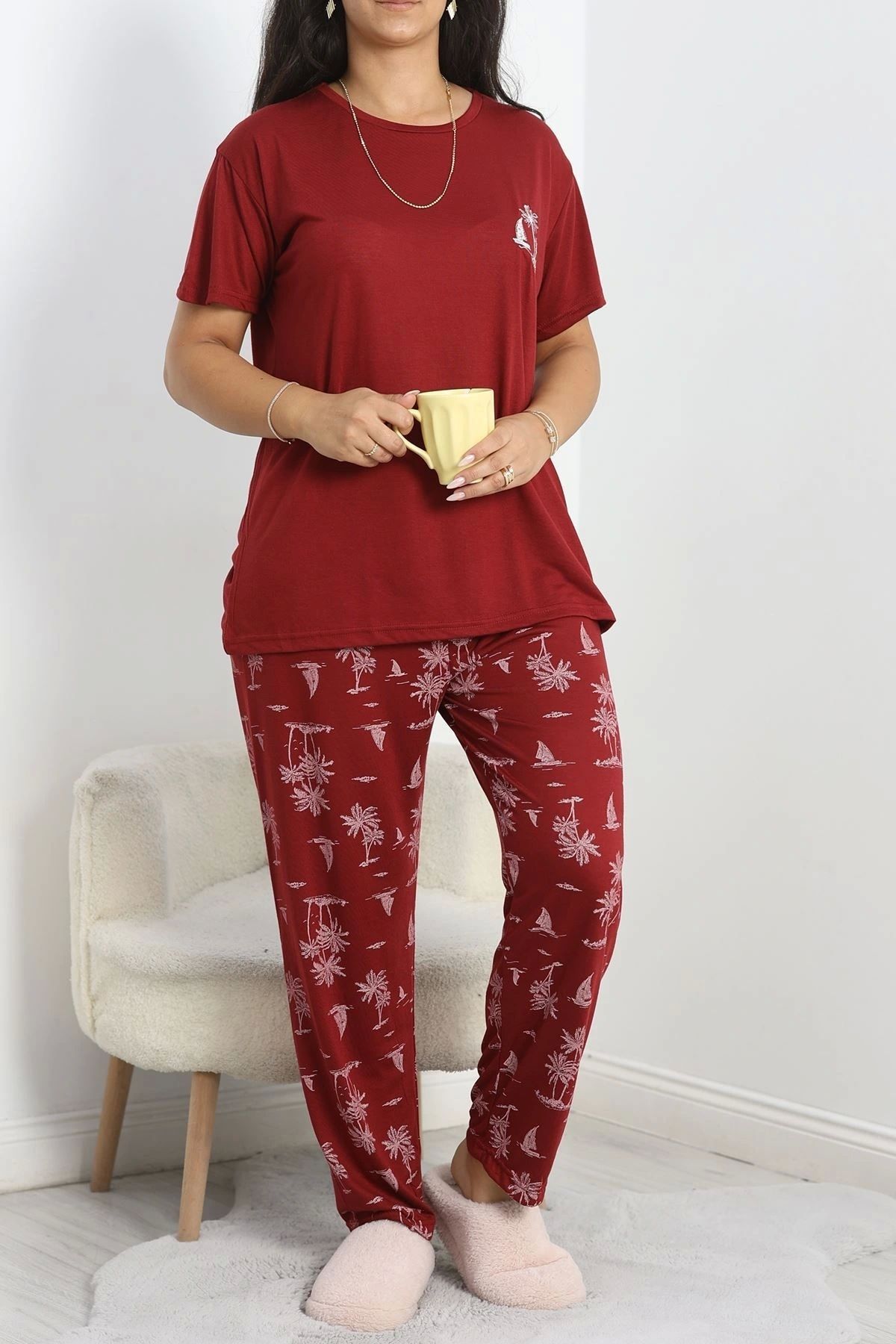 OurStyles Büyük Beden Poliviskon Pijama Takımı Bordobeyaz - 50161.1048.