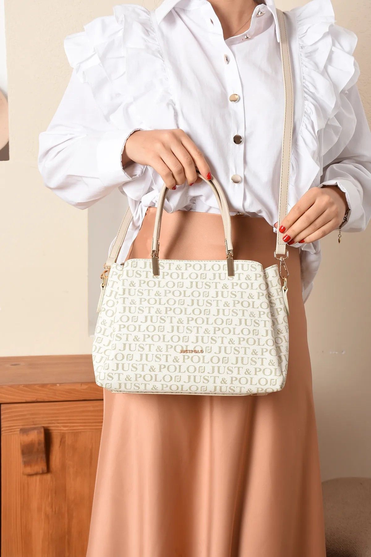 Just Polo Kadın Krem Baskılı El Ve Omuz Çantası 232120PC