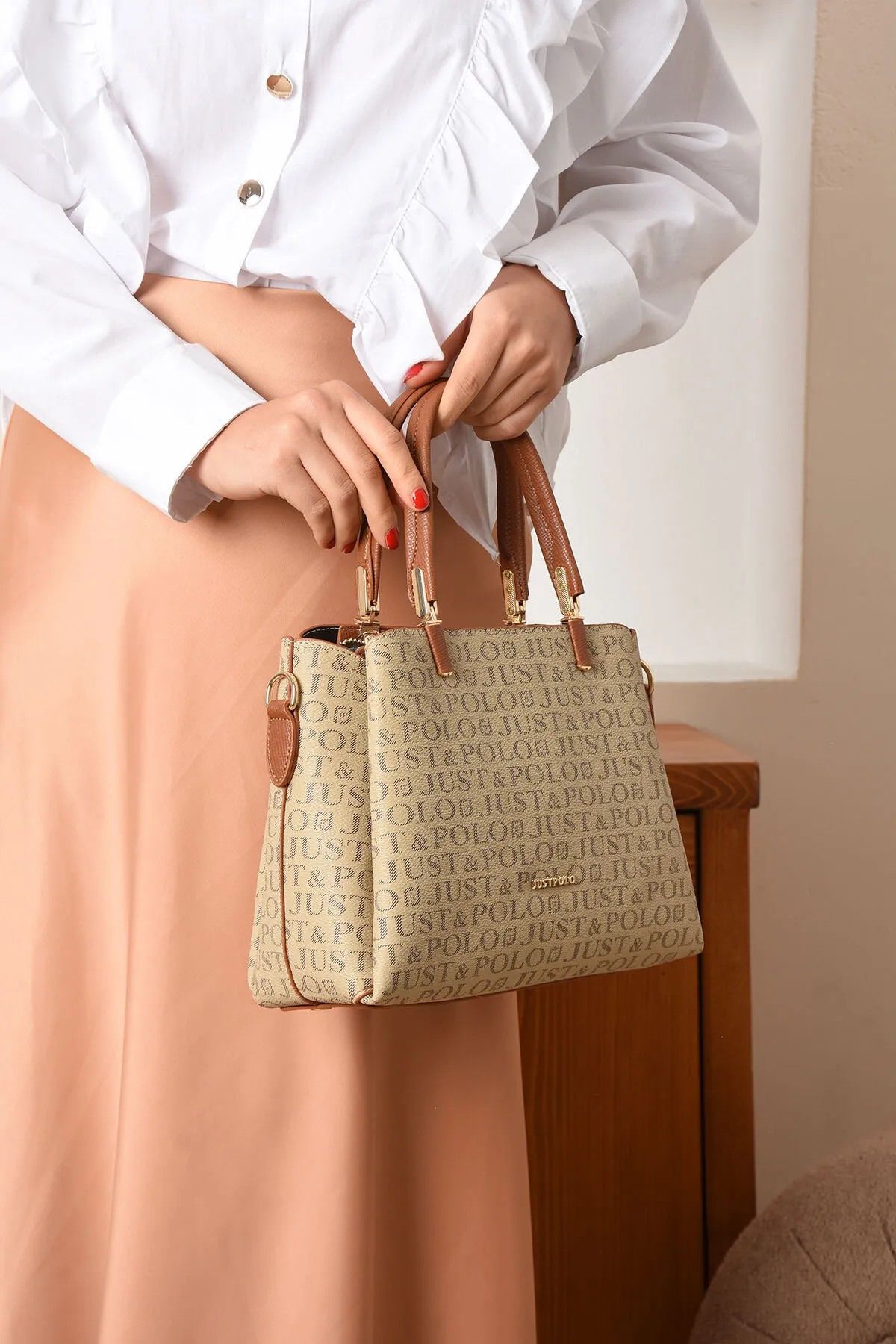 Just Polo Kadın Kum Taba Baskılı El Ve Omuz Çantası 232120PC