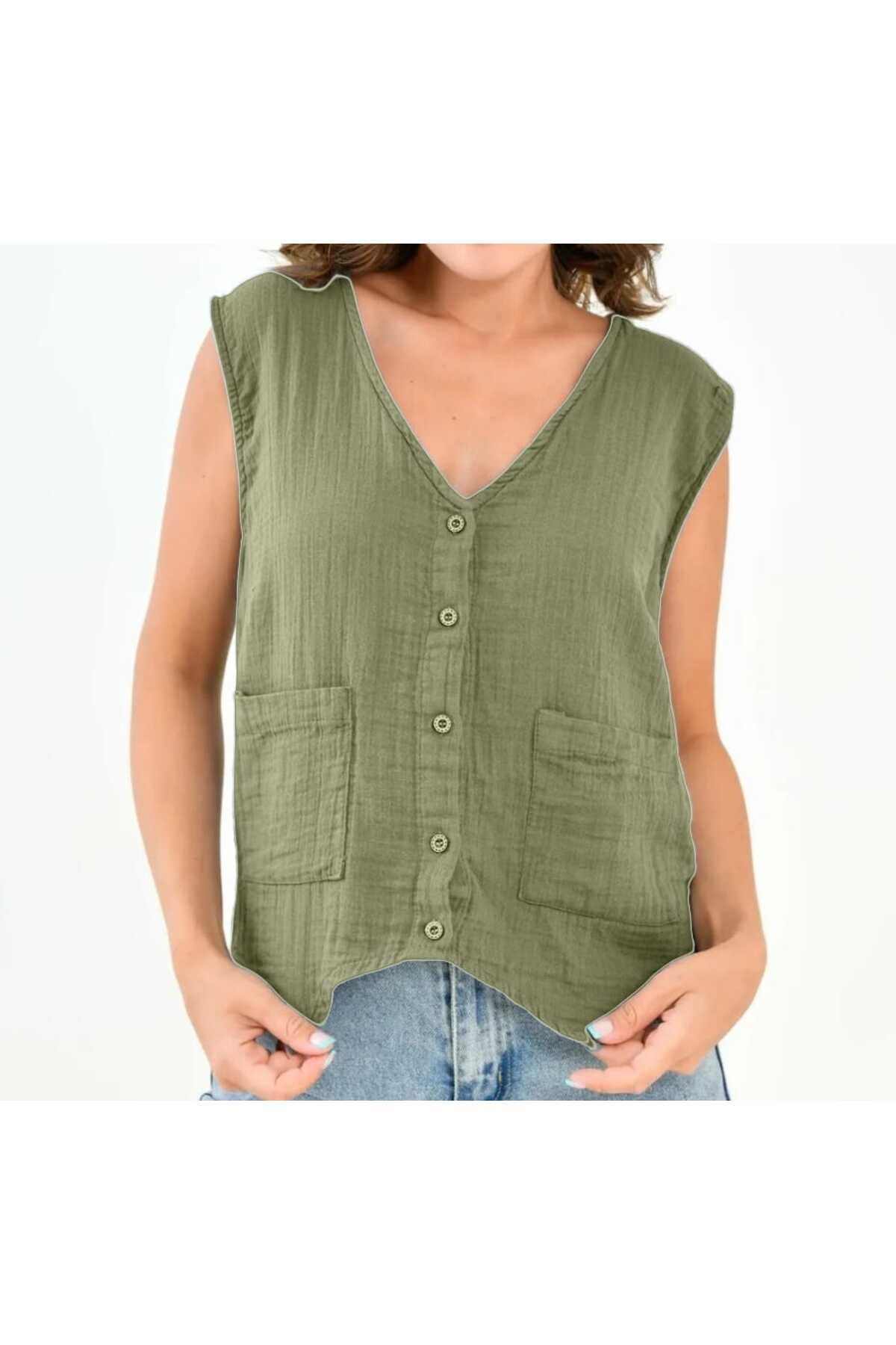 MODA Kadın Müslin Keten Oversize Yelek
