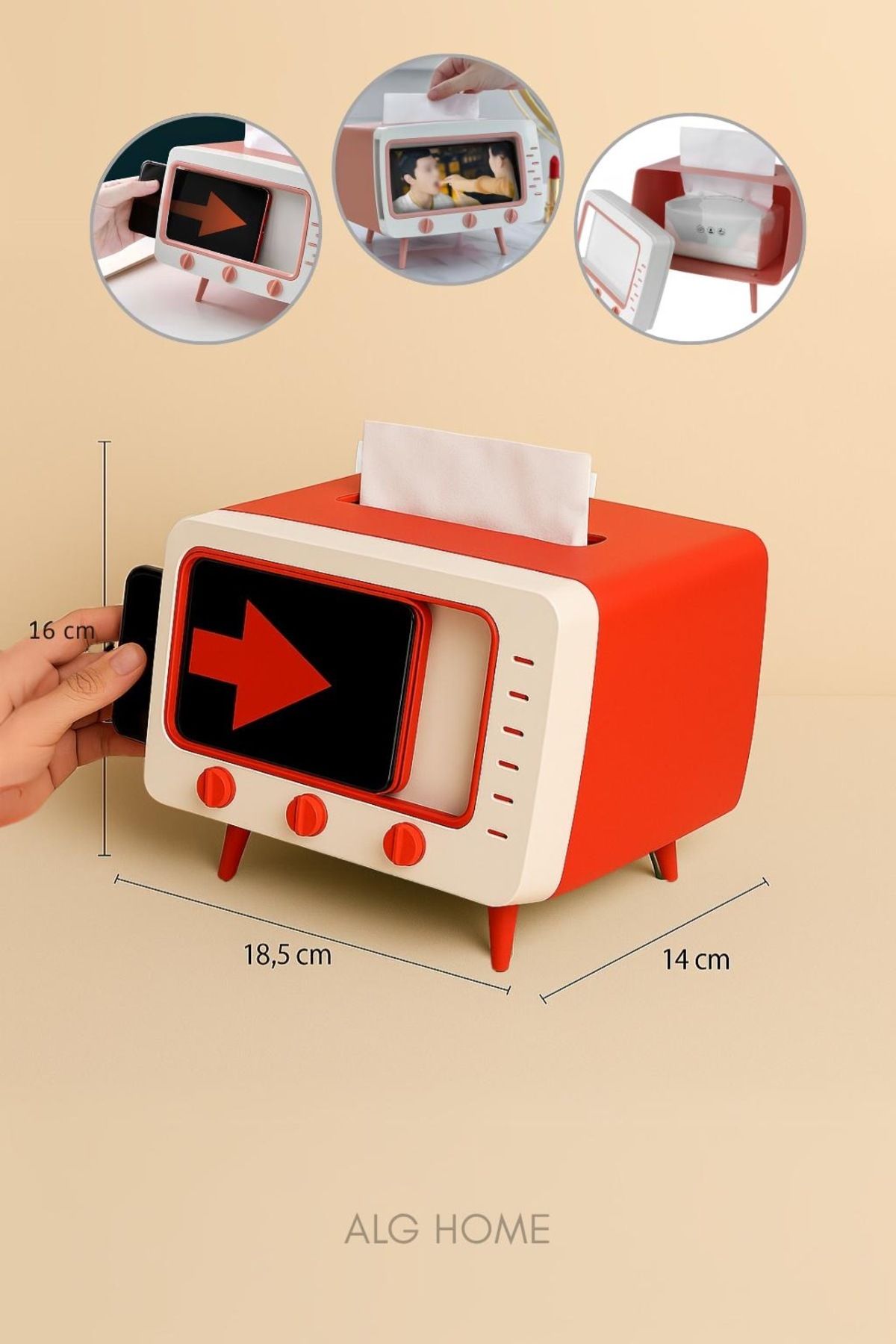 Alg Home Retro Tv Görünümlü Peçete Kutusu,Telefon Tutucu ( KIRMIZI )