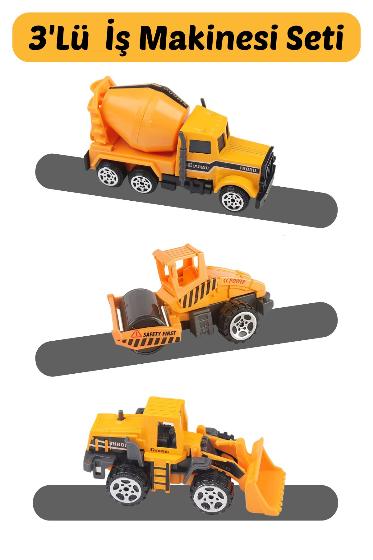 Ka-Toys 3'lü Metal İş Makinesi Seti – Mikser, Kepçe, Yer Silindiri – Hareketli Tekerlekli Mini Araçlar