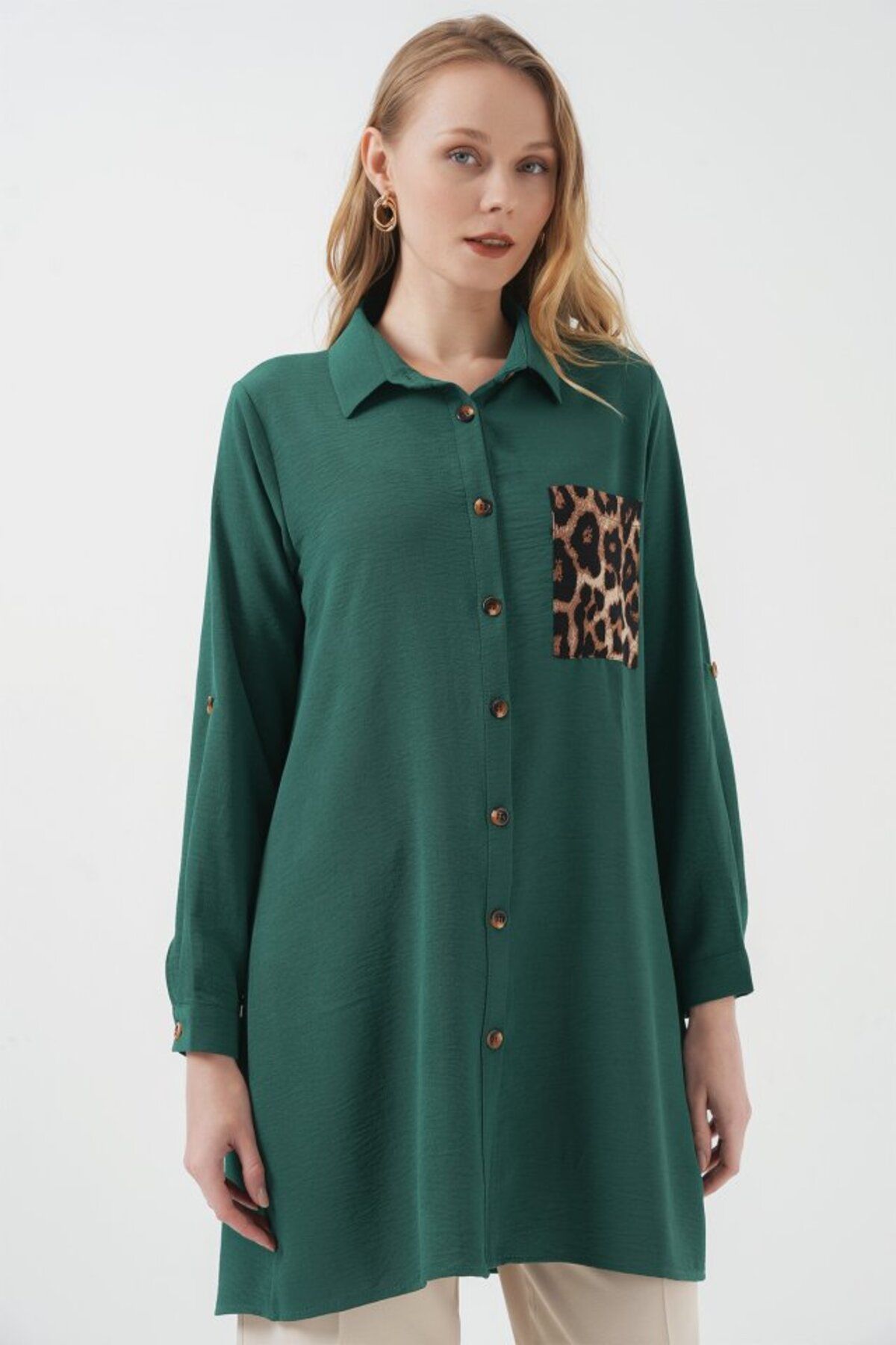 Kokosh moda 5851 Cep Detaylı Gömlek Tunik - Zümrüt Yeşili