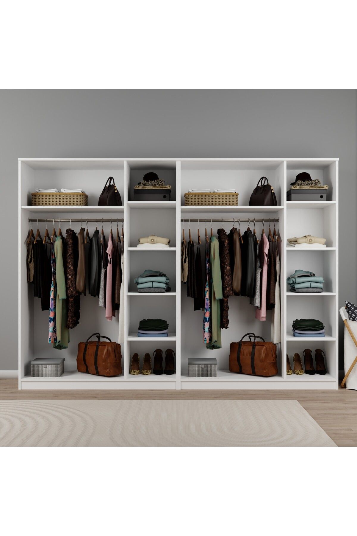 midoser Lucas 6 Kapaklı, 12 Raf Bölmeli, Askılıklı Geniş Elbise Dolabı, Gardırop, Beyaz 190*270