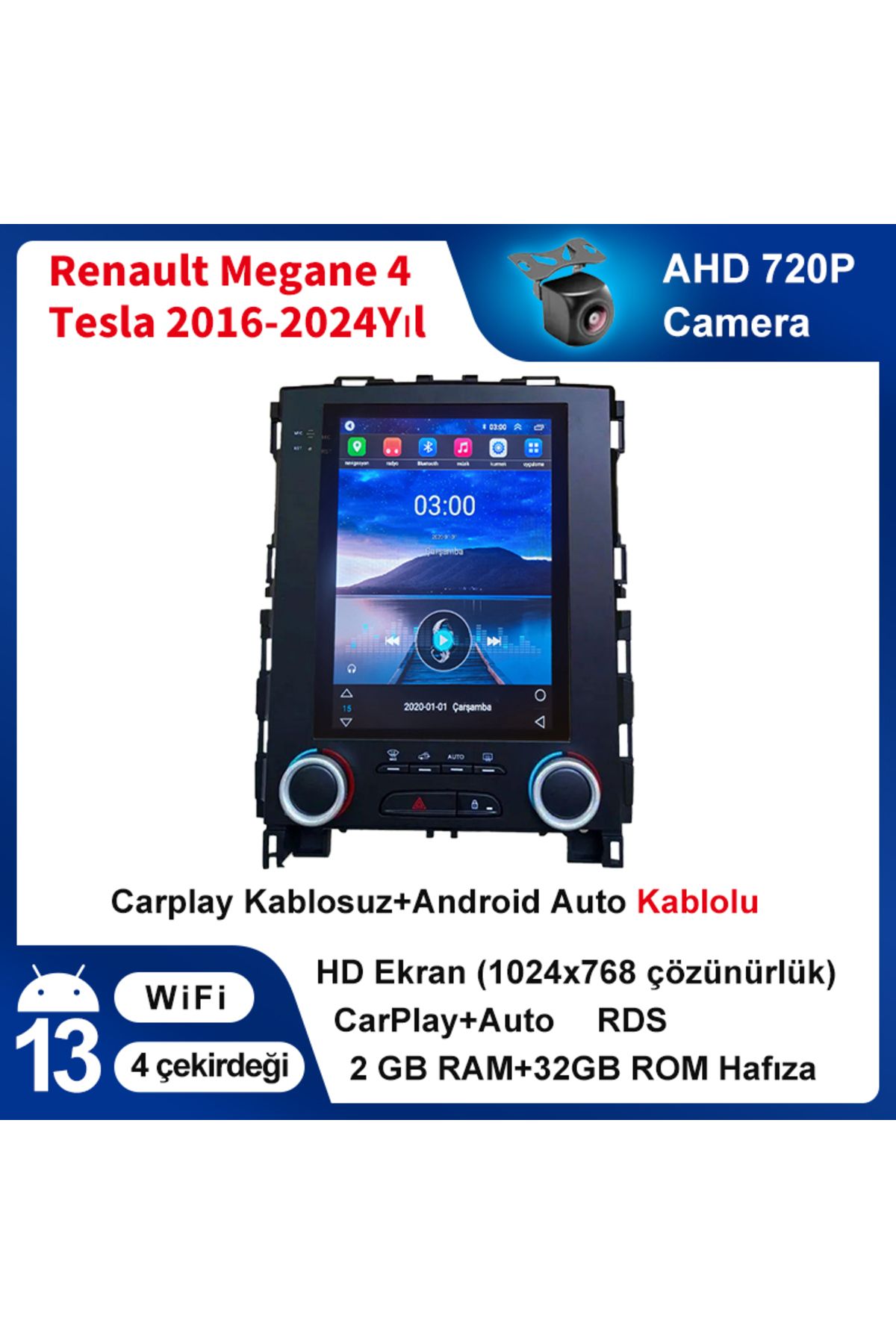 coni Renault Megane 4 Tesla 2016-2024 Uyumlu kablosuz carplay android multimedia 2GB RAM 32GB kamera